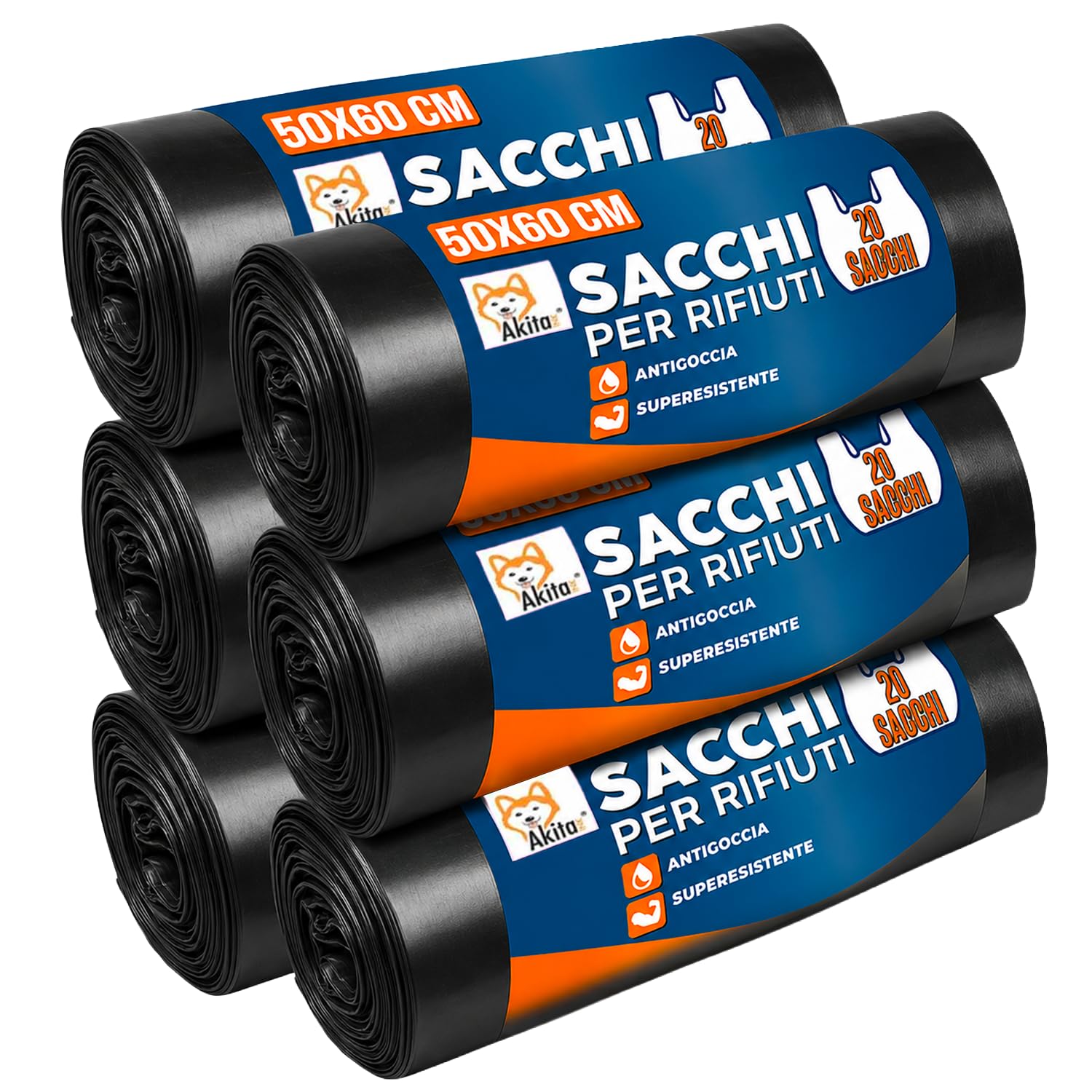 Akitaink Sacchi Spazzatura 50x60 cm Neri 120 Pezzi con Legacci