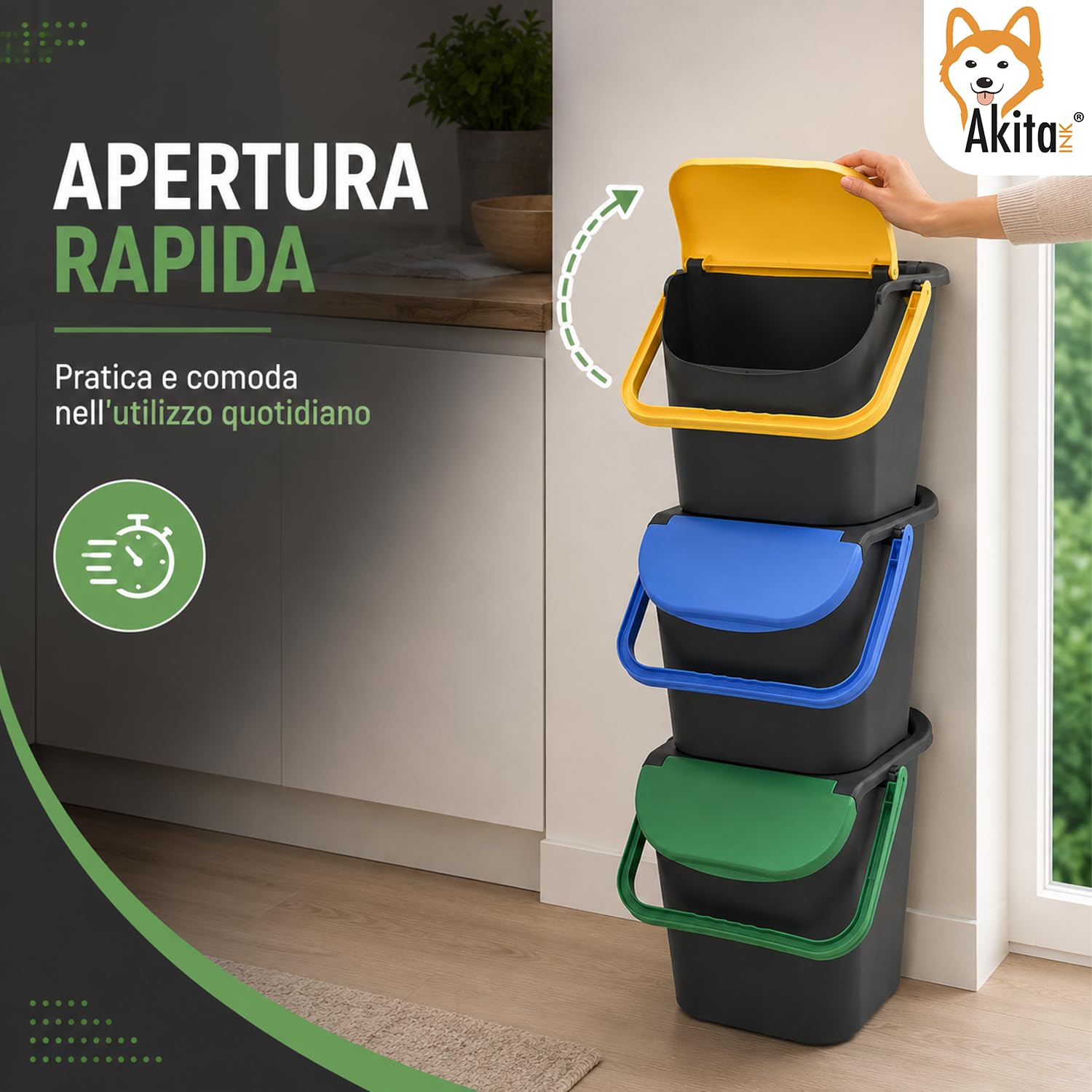 Akitaink Tower Bin pattumiere 30 litri set 3 pezzi impilabili