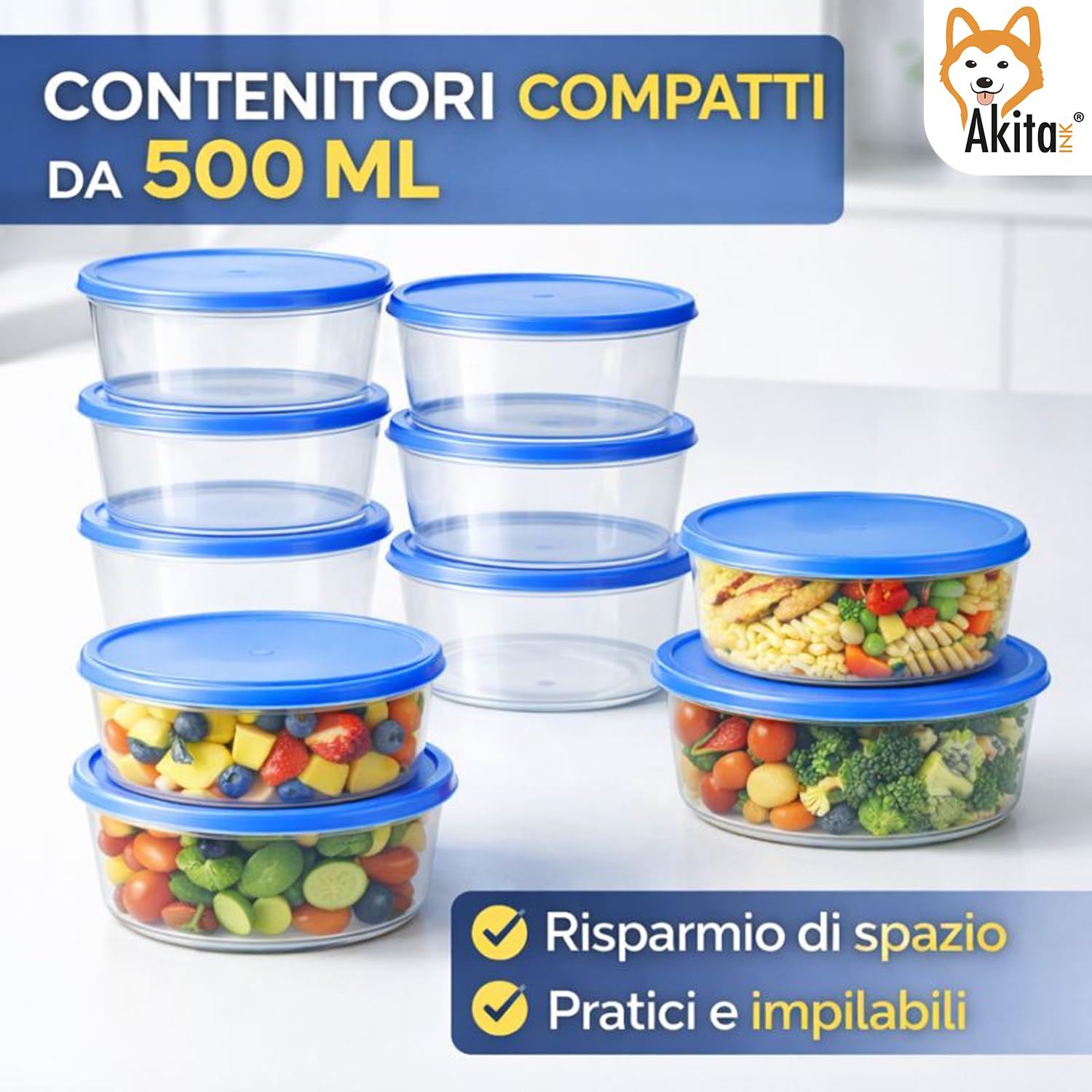 Akitaink contenitori alimenti tondi 500 ml set 12 pezzi ermetici