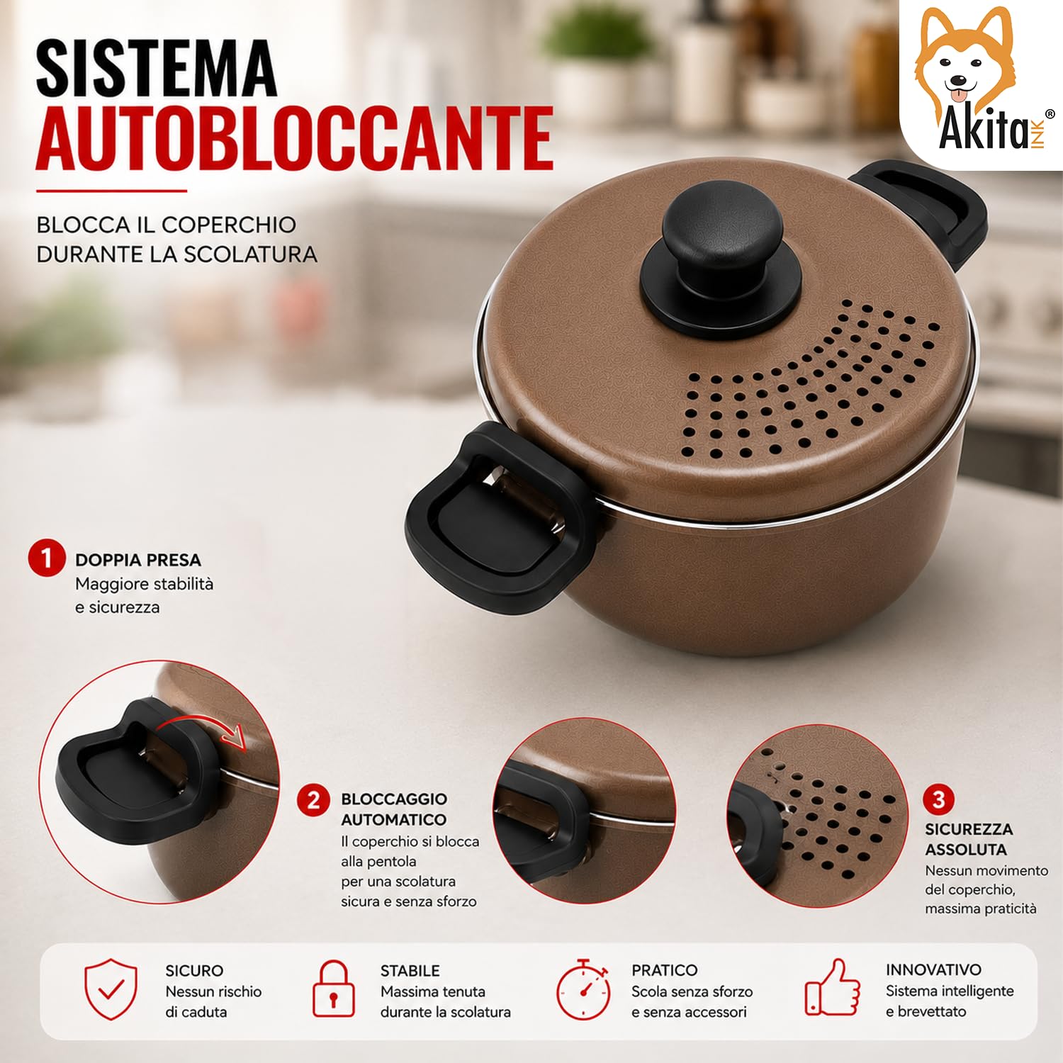 Akitaink Scolì 22 cm Pentola Scolapasta 5,7 L Antiaderente