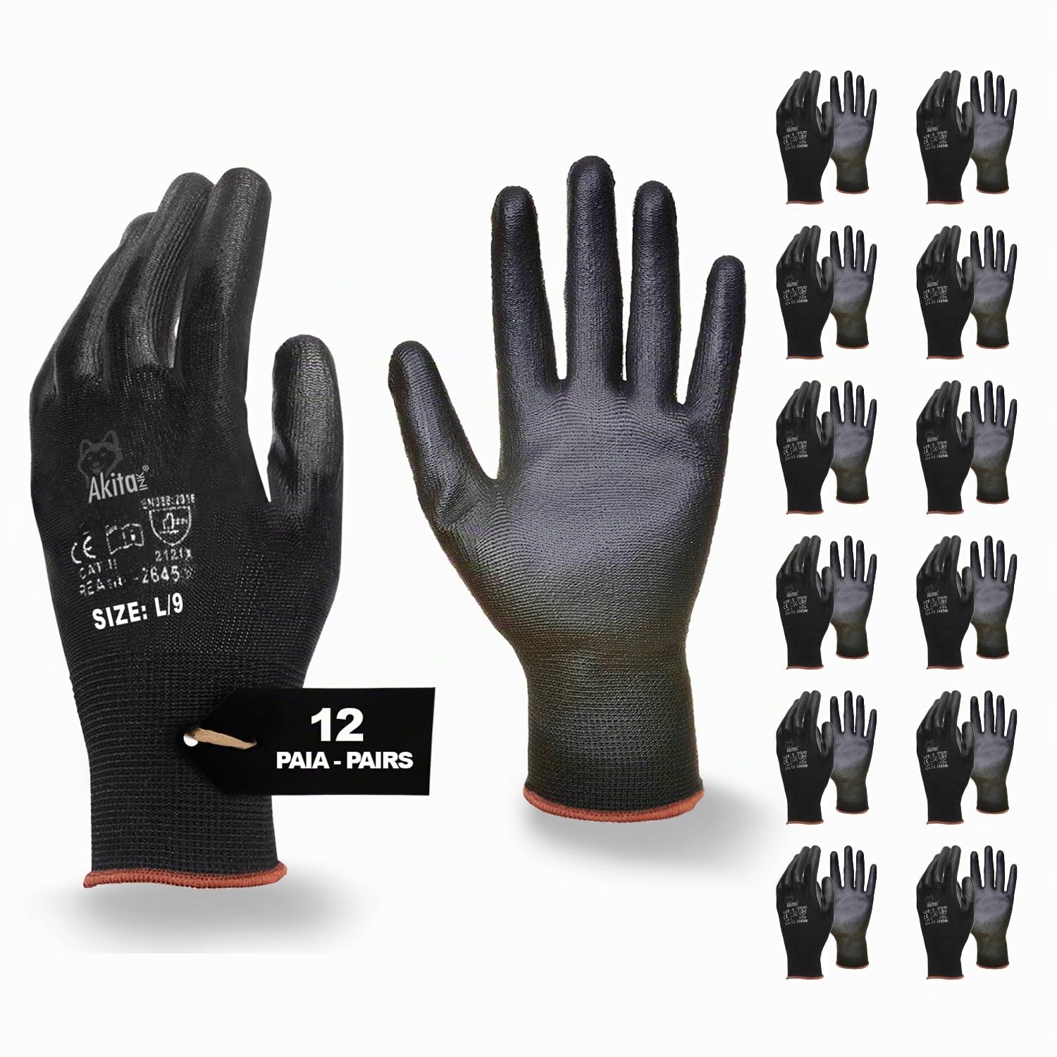 Akitaink Guanti da Lavoro Nylon PU Ant abrasione 12 Paia L