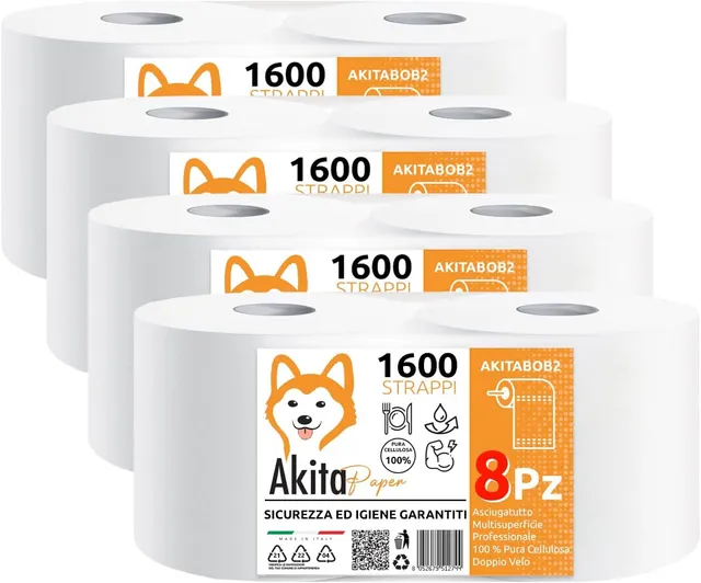 Akitaink Rotoloni Asciugatutto 2 Veli 8 Rotoli 6400 Strappi