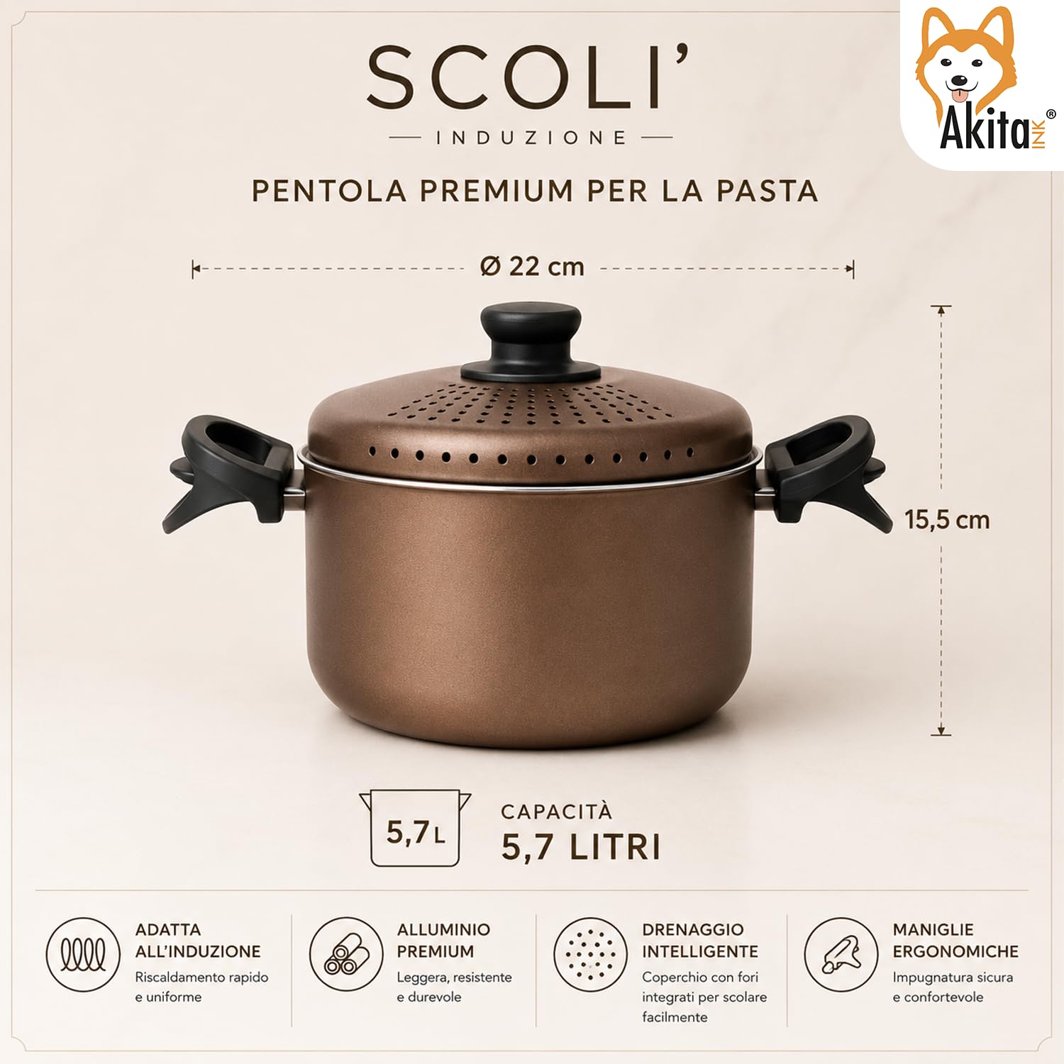 Akitaink Scolì 22 cm Pentola Scolapasta 5,7 L Antiaderente