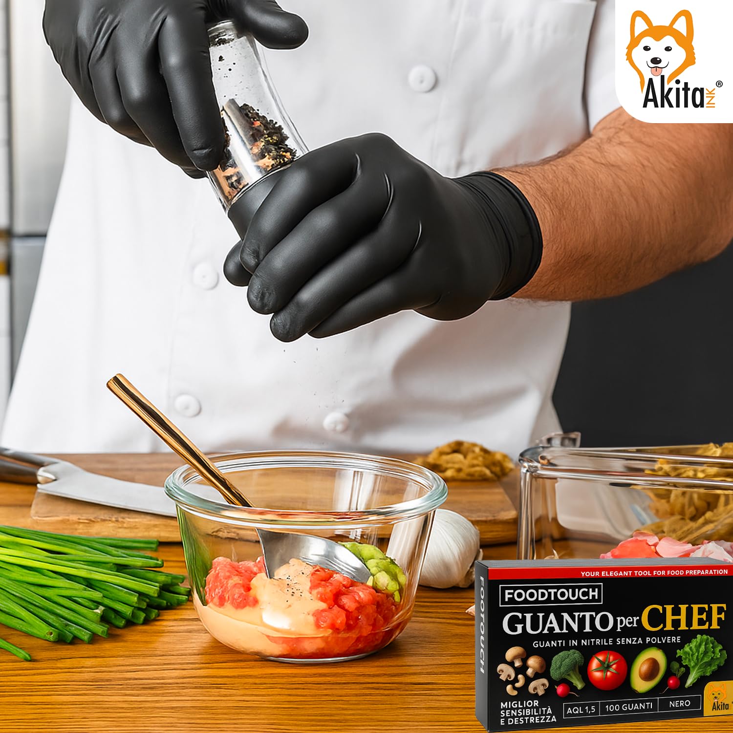 Akitaink Chef guanti nitrile neri food M 100 pezzi 4 g