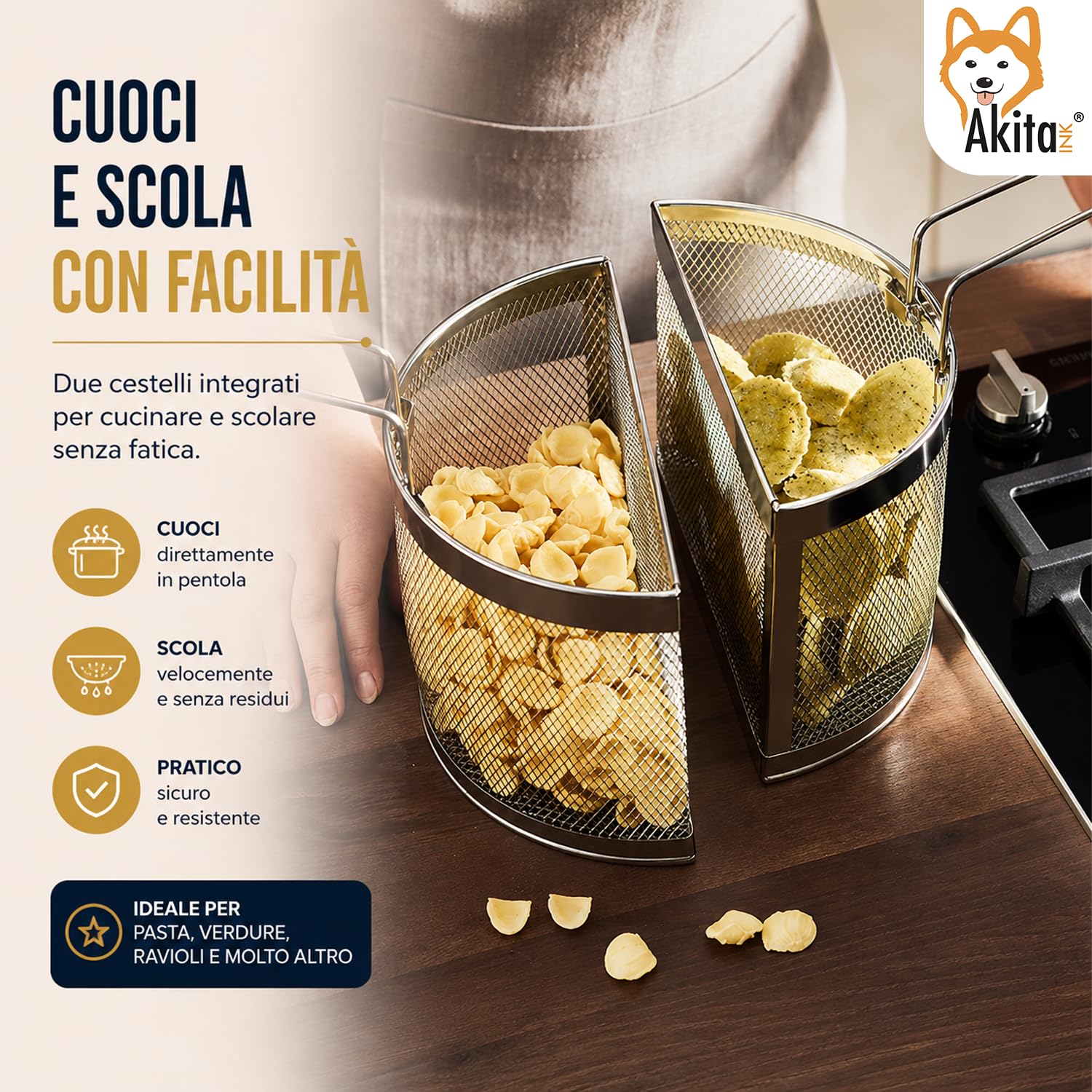 Akitaink cestelli cuocipasta inox 18 cm set 2 pezzi divisori