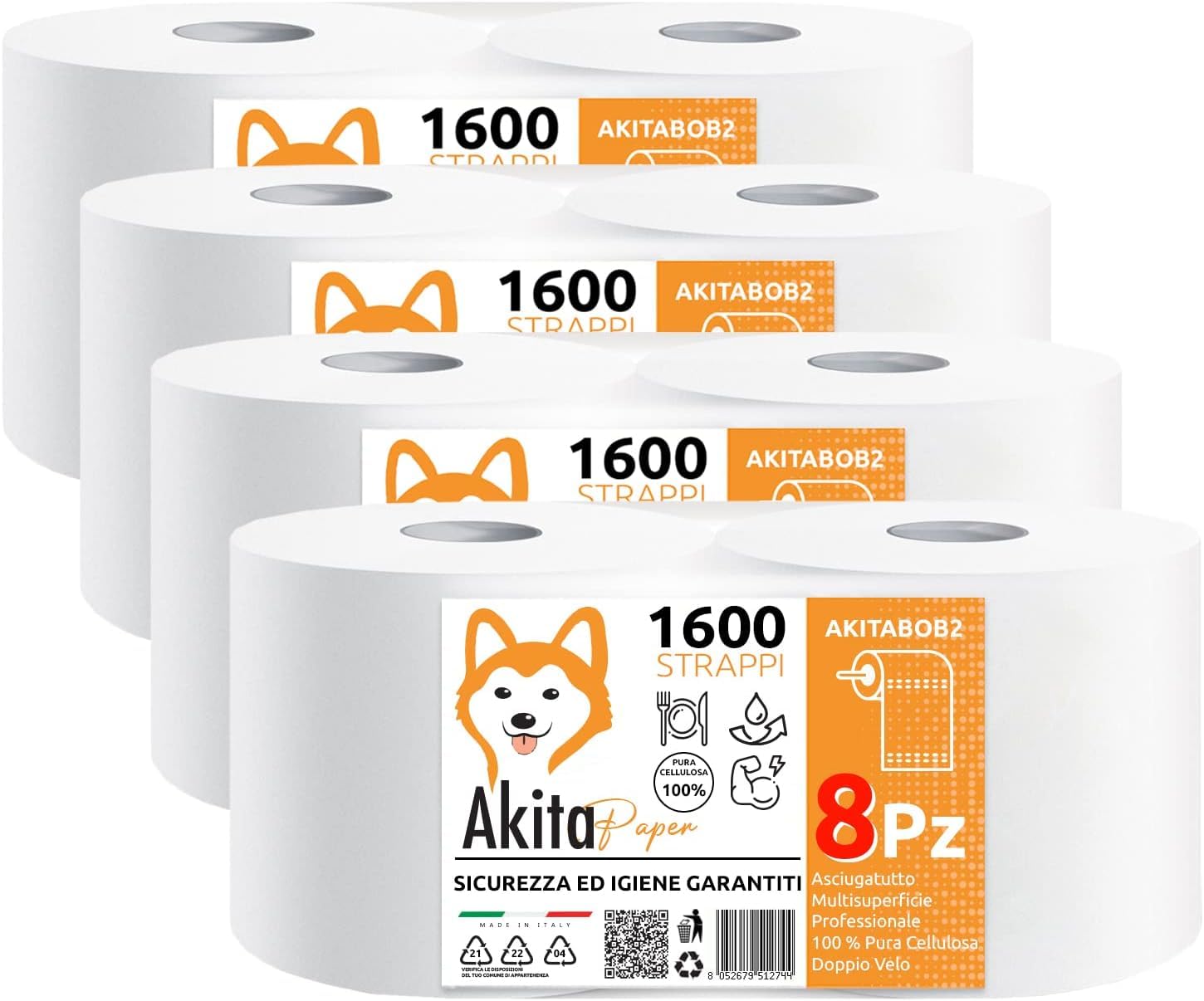 Akitaink Rotoloni Asciugatutto 2 Veli 8 Rotoli 6400 Strappi