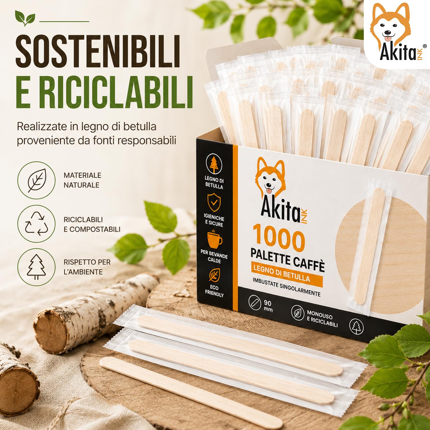 Akitaink palette caffè in legno 1000 imbustate biodegradabili