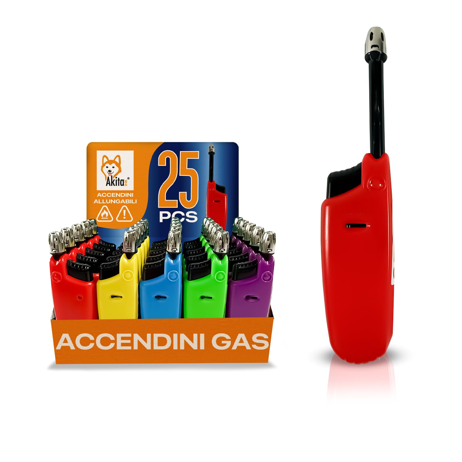Akitaink accendini lunghi ricaricabili box 25 pz assortiti