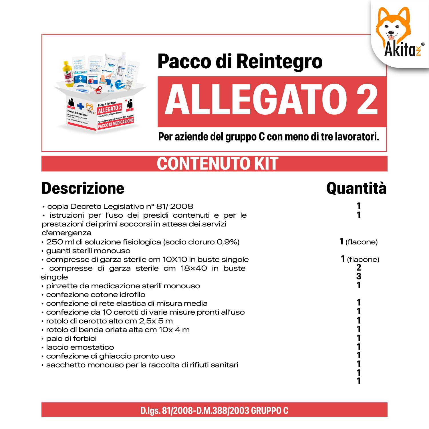 Akitaink All.2 reintegro cassetta pronto soccorso aziende fino 3 dip.