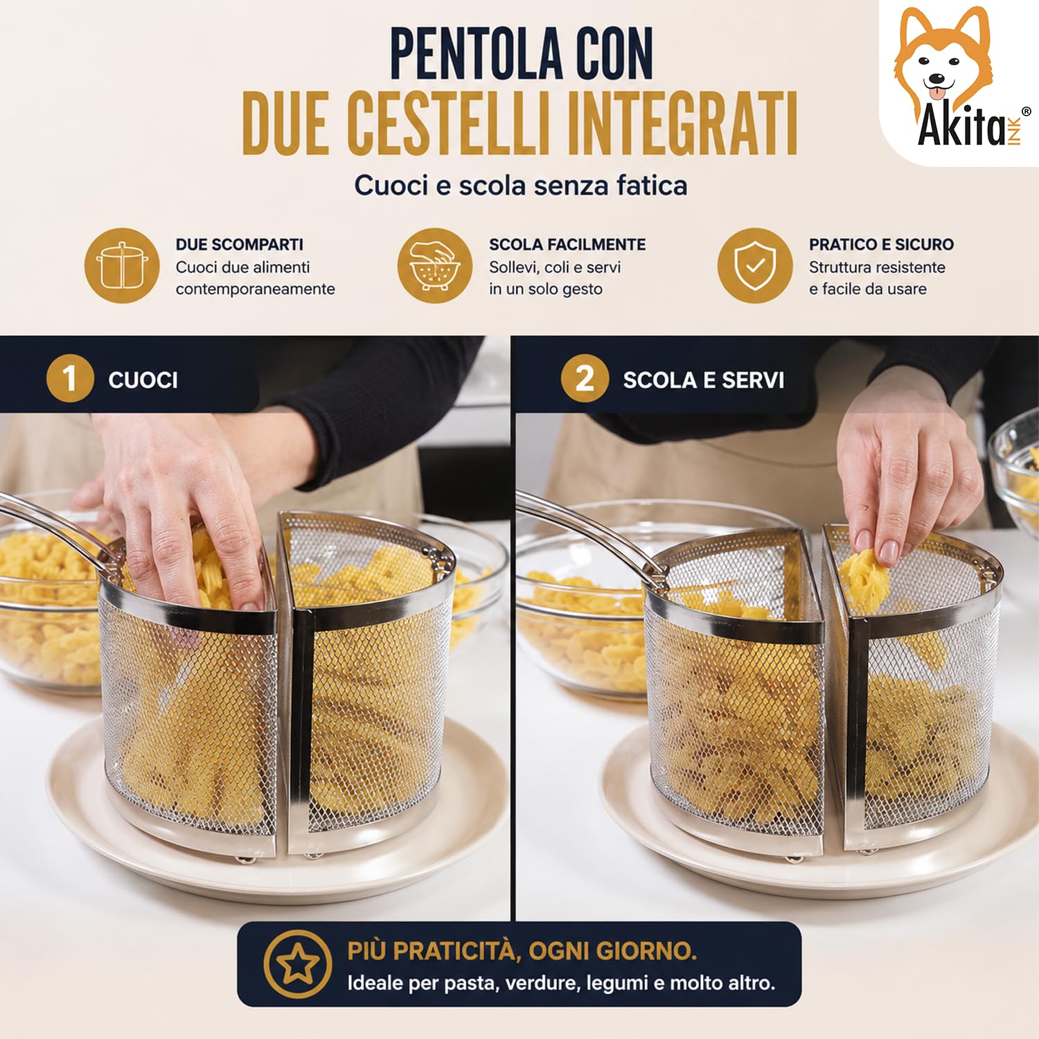 Akitaink cestelli cuocipasta inox 18 cm set 2 pezzi divisori