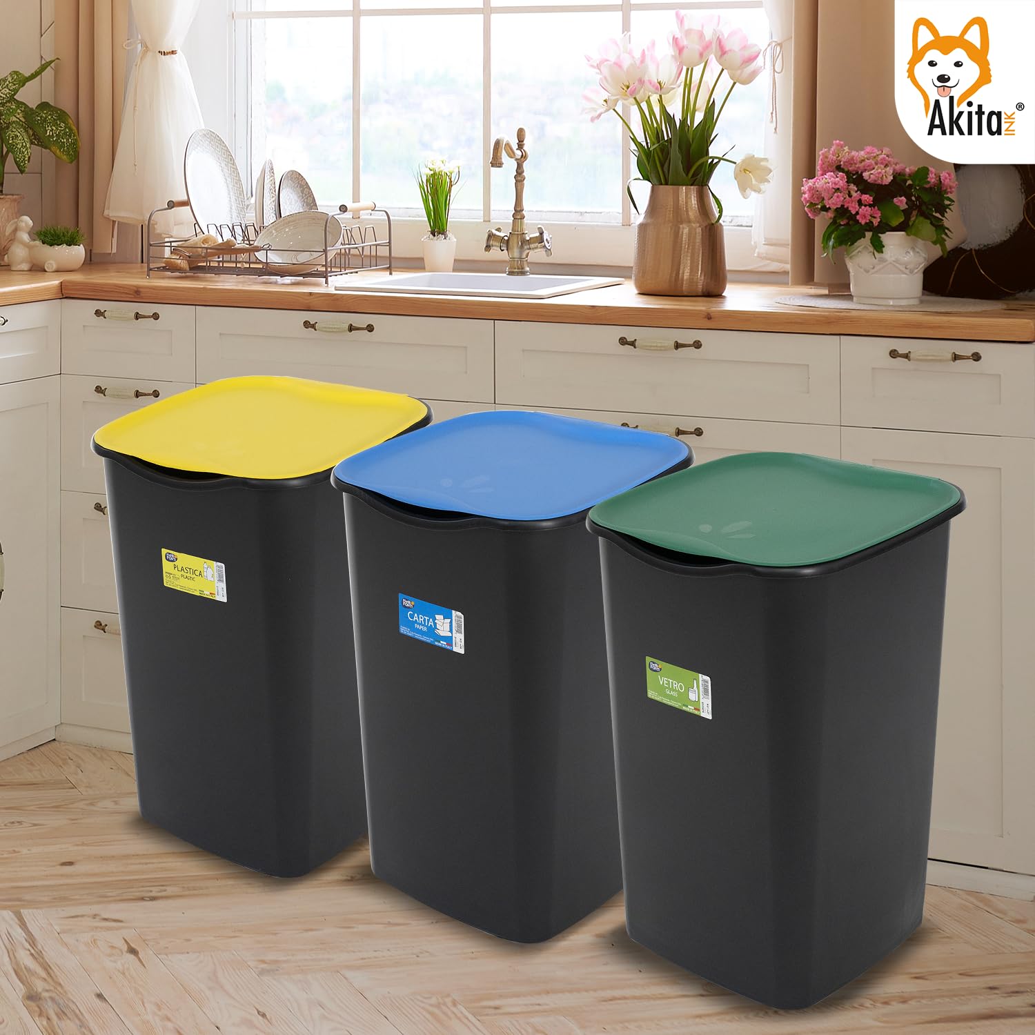 Akitaink Akijazz3 set 3 pattumiere differenziata 50 L coperchi colorati