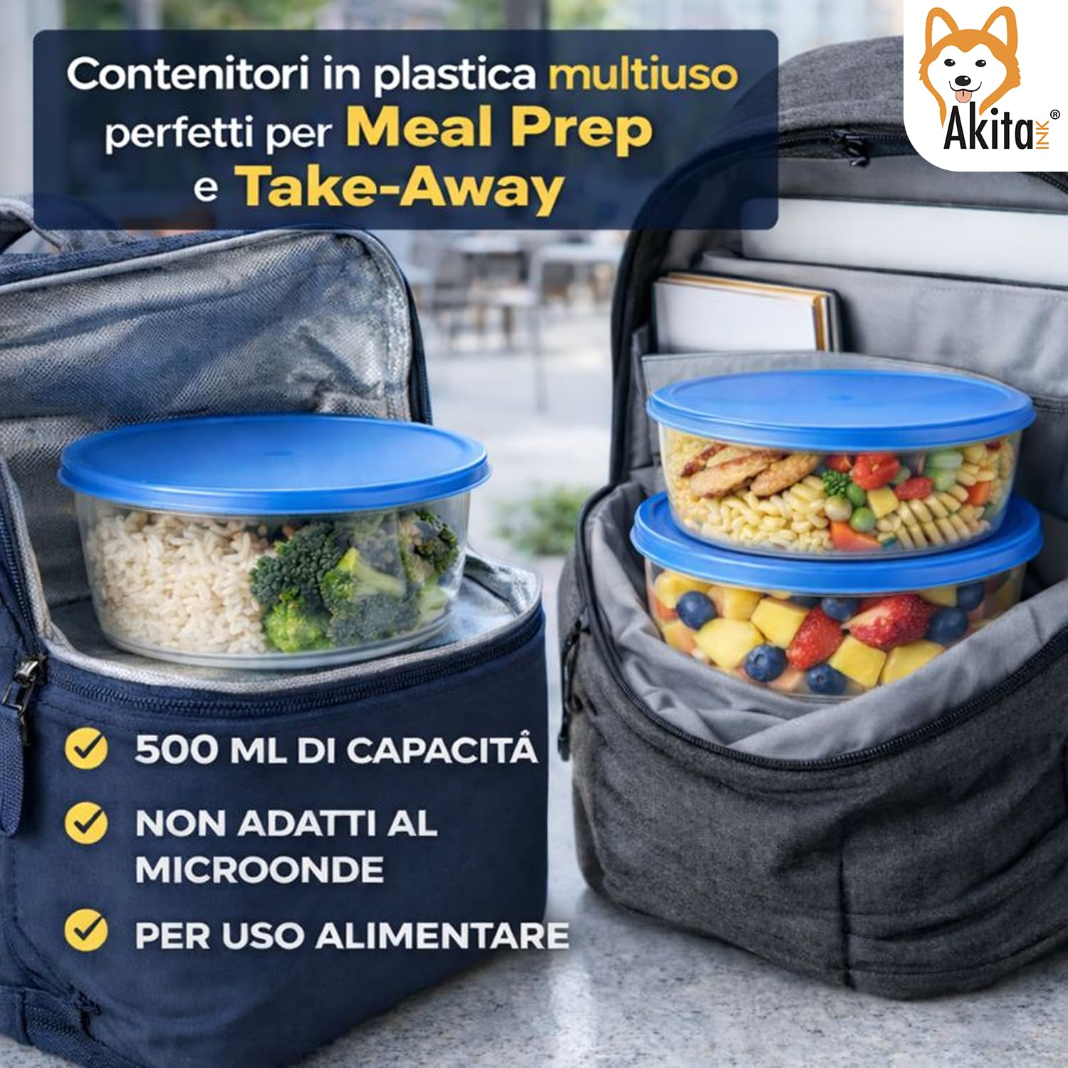 Akitaink contenitori alimenti tondi 500 ml set 12 pezzi ermetici