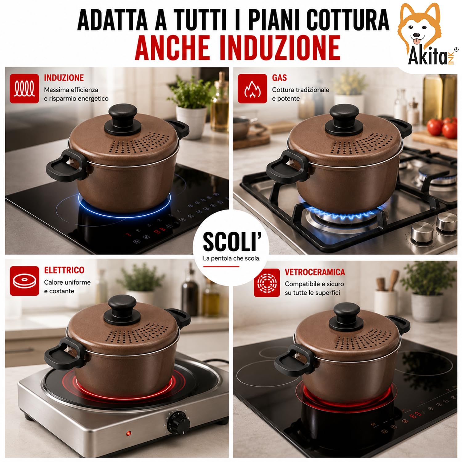 Akitaink Scolì 22 cm Pentola Scolapasta 5,7 L Antiaderente