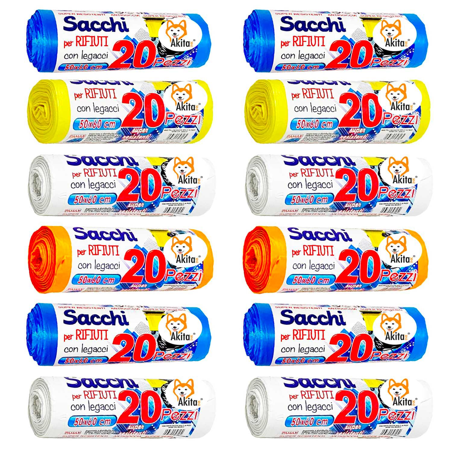 Akitaink sacchi spazzatura 50x60 cm 30 litri 240 pezzi colori