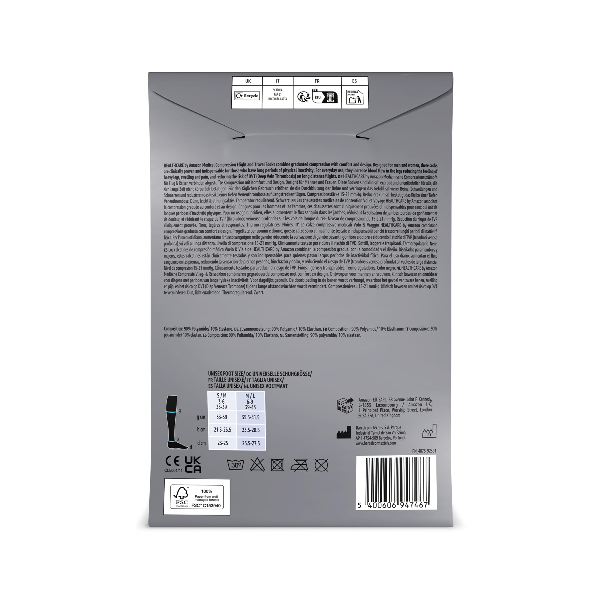 by Amazon Healthcare Calzini a Compressione Viaggio M/L 39-43