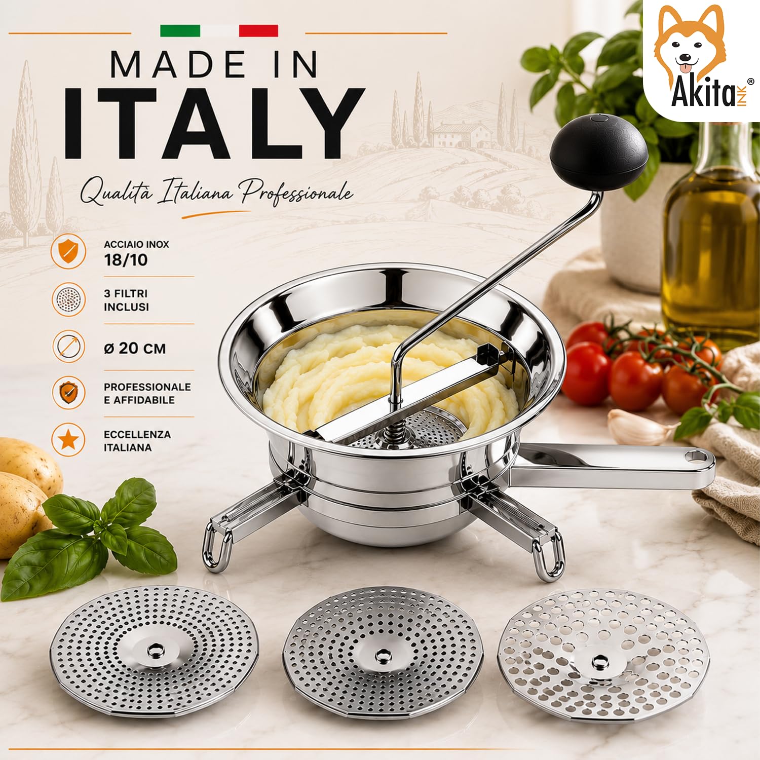 Akitaink Passatutto Acciaio Inox 20 cm 3 Filtri