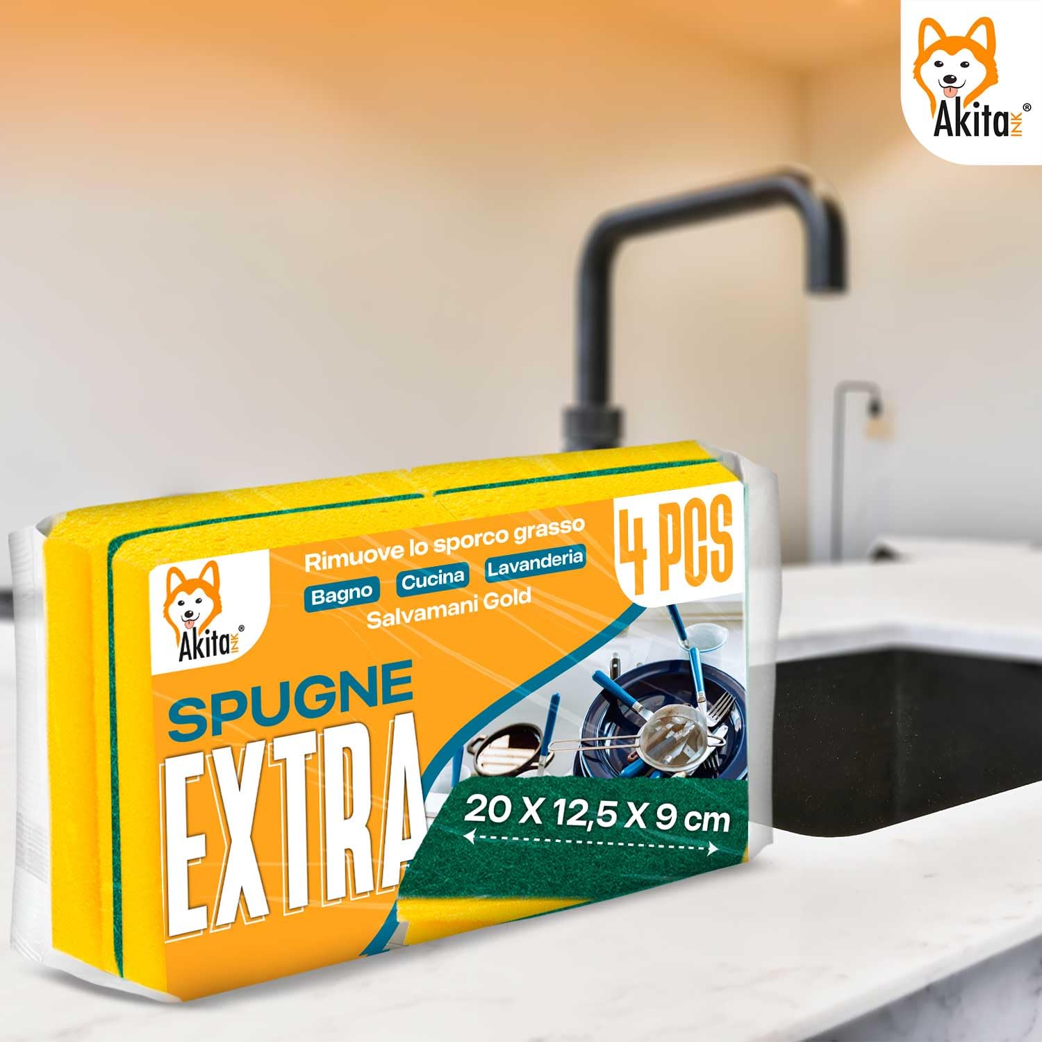 Akitaink Soft XXL spugna bagno cucina 4 pezzi antibatterica