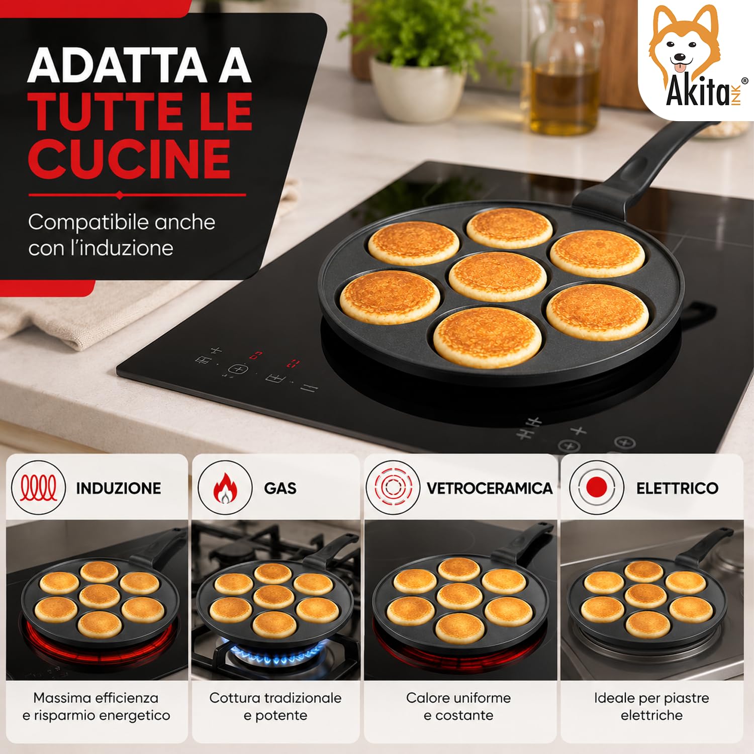 Akitaink Padella Mini Pancake 26 cm 7 Stampi Liscia