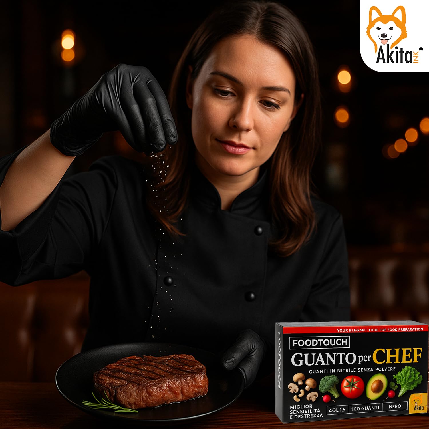 Akitaink Chef guanti nitrile neri food M 100 pezzi 4 g