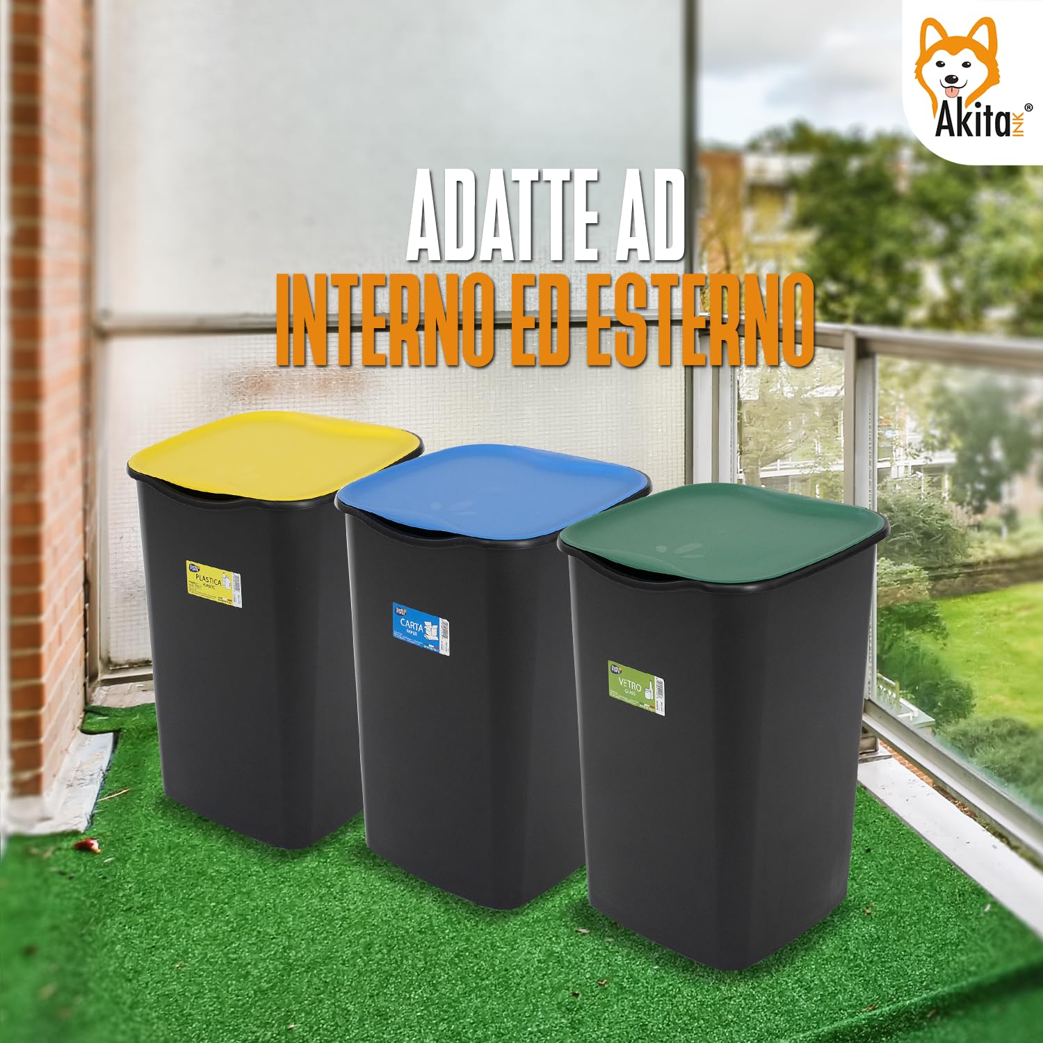 Akitaink Akijazz3 set 3 pattumiere differenziata 50 L coperchi colorati