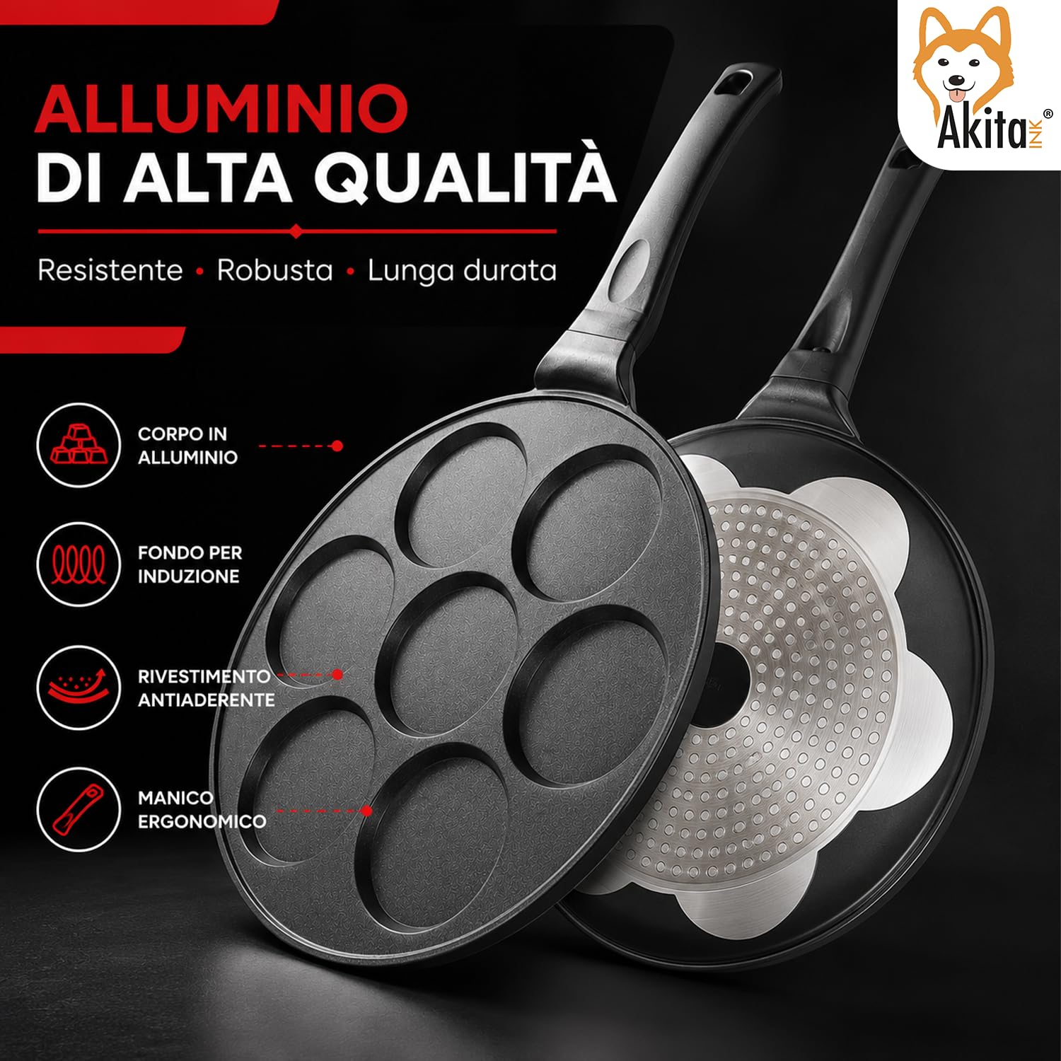 Akitaink Padella Mini Pancake 26 cm 7 Stampi Liscia