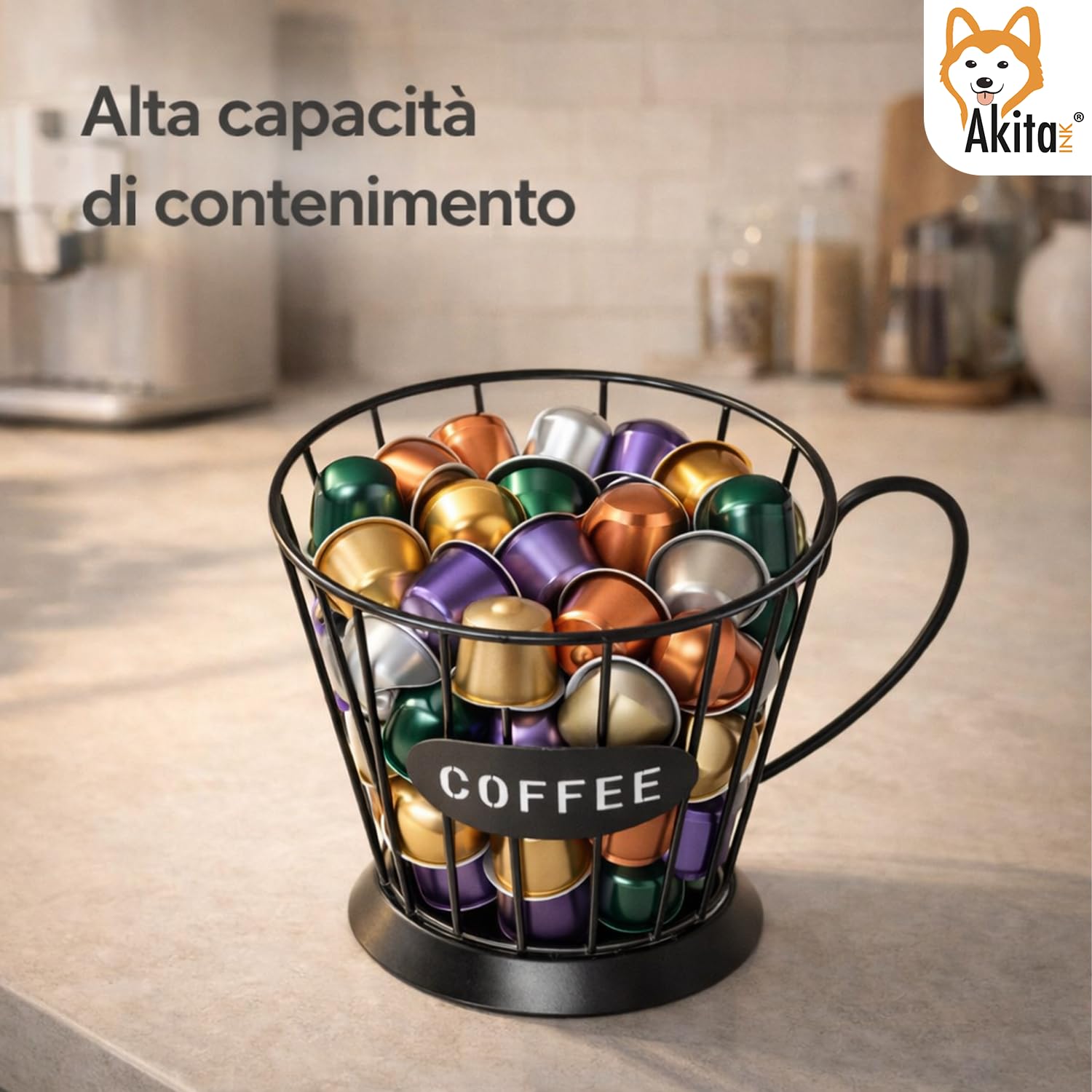 Akitaink portacapsule metallo tazza nera 12x14,5 cm salvaspazio