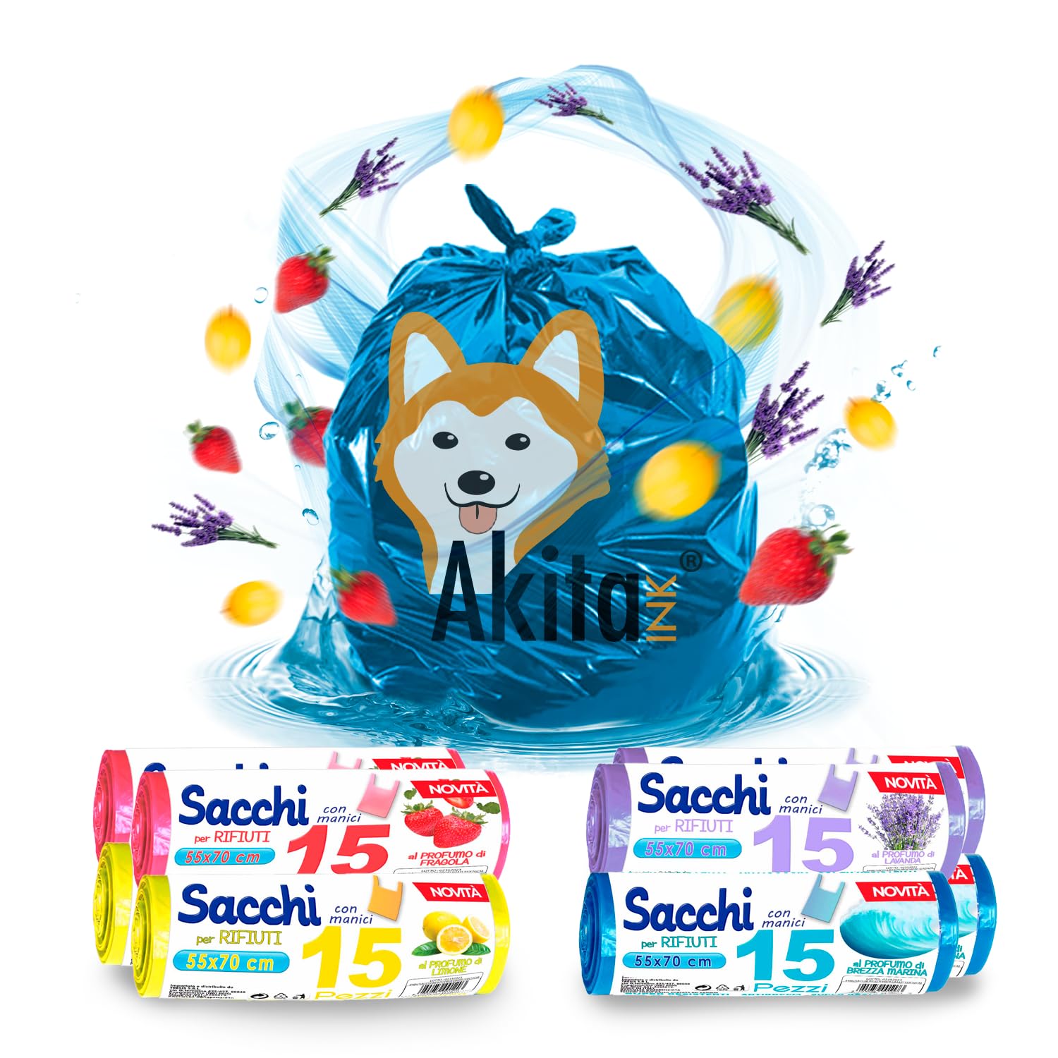 Akitaink sacchi spazzatura fragola 45L 45 pezzi con manici
