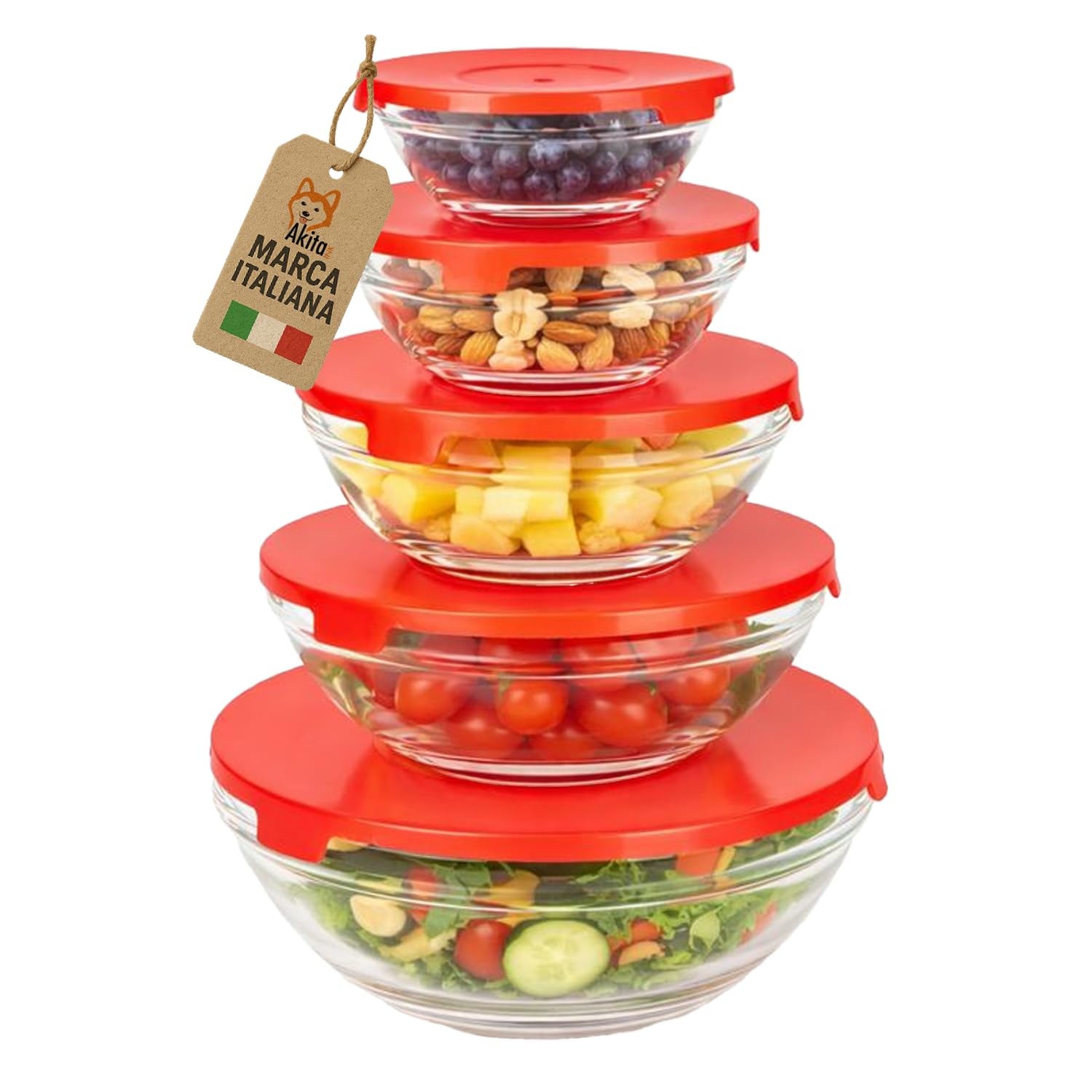 Akitaink set 5 ciotole vetro coperchio rosso impilabili