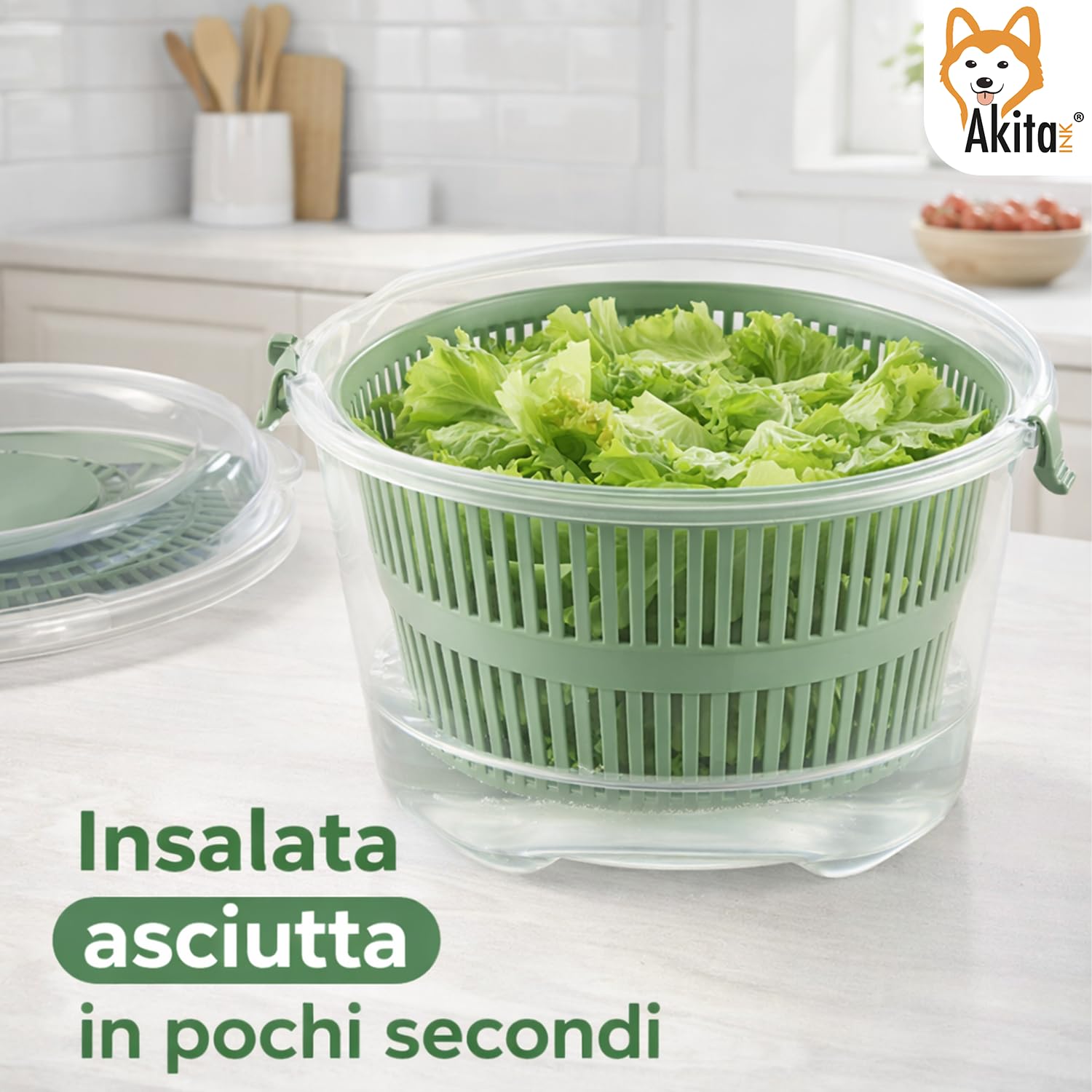 Akitaink Centrifuga Insalata Manuale 4,4 L Verde Trasparente