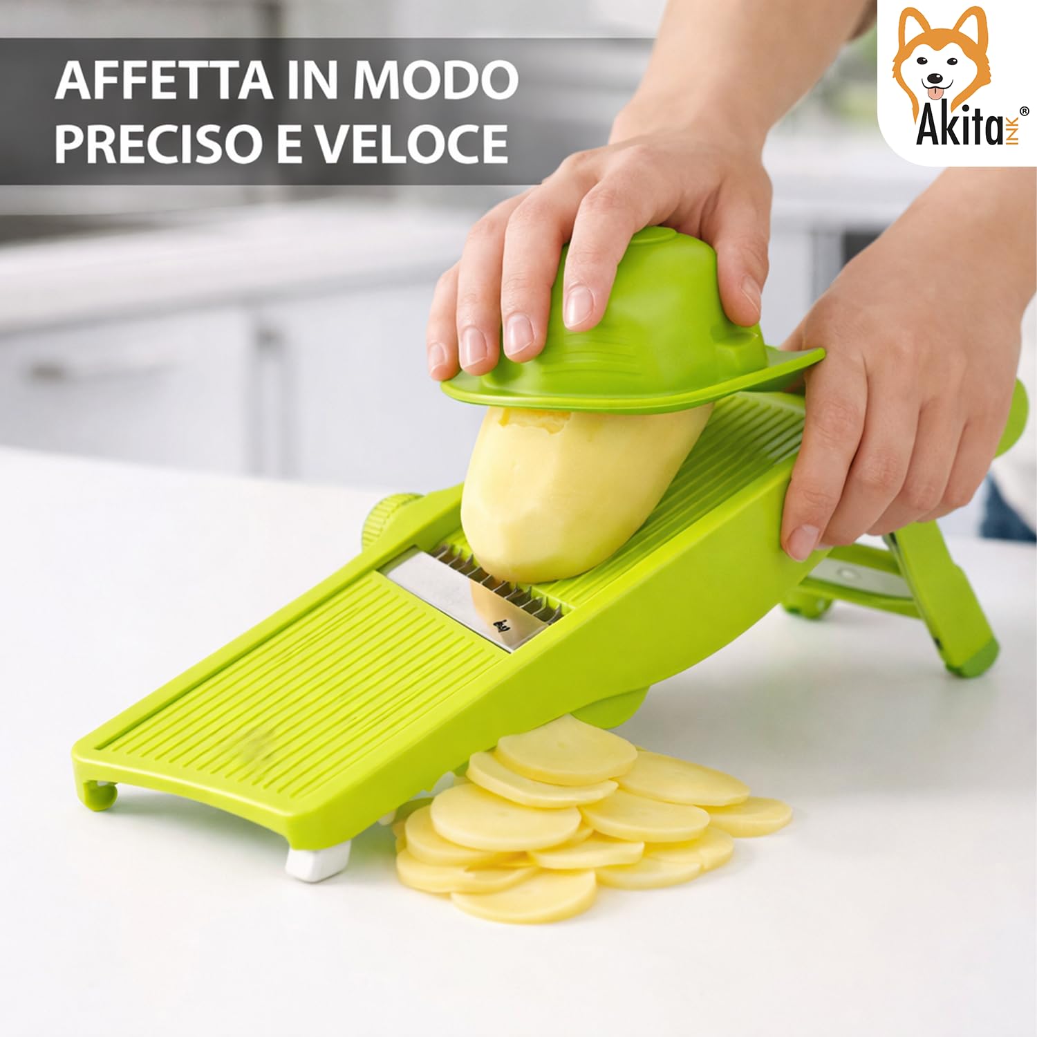 Akitaink Mandolina 5 in 1 affettaverdure manuale julienne 3-6-9 mm