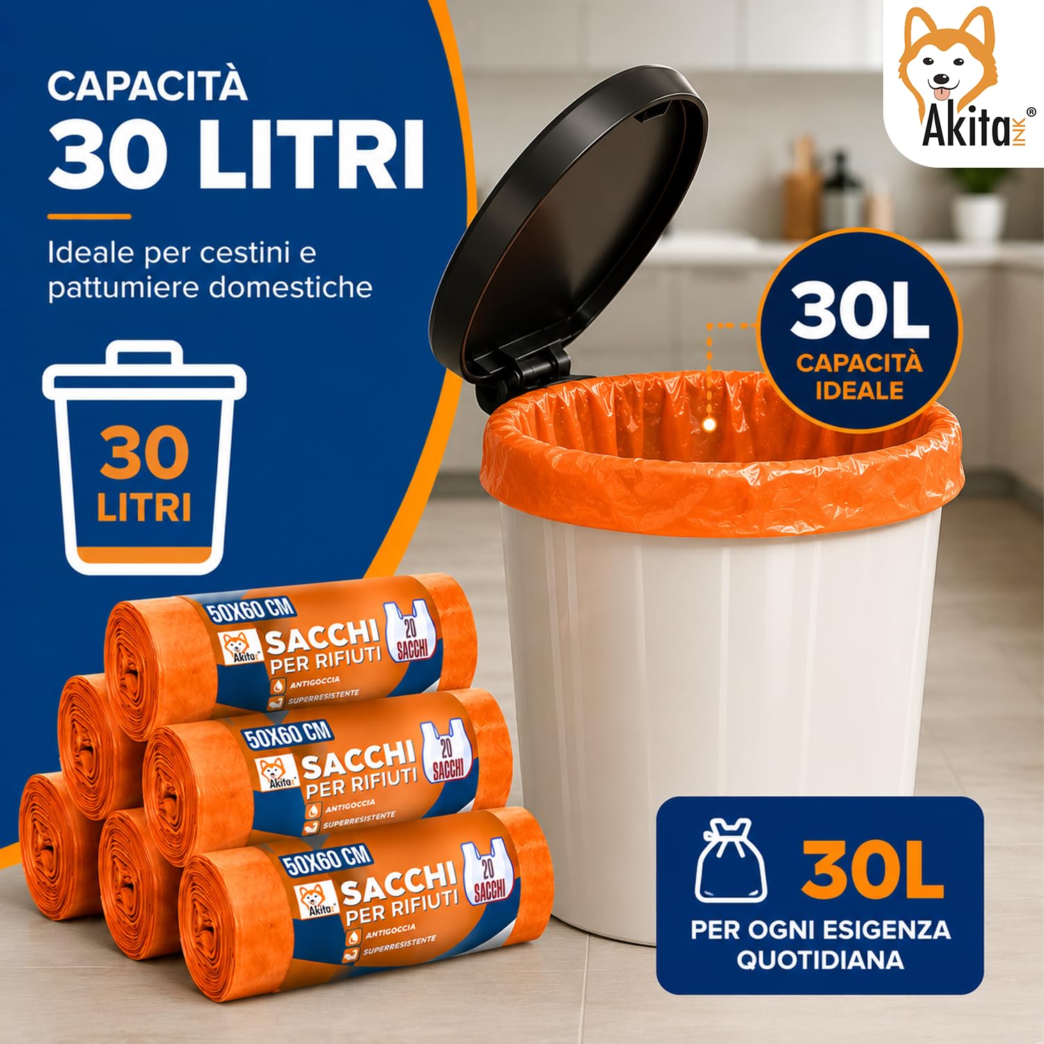 Akitaink sacchi spazzatura arancioni 50x60 cm 120 pezzi antiforo