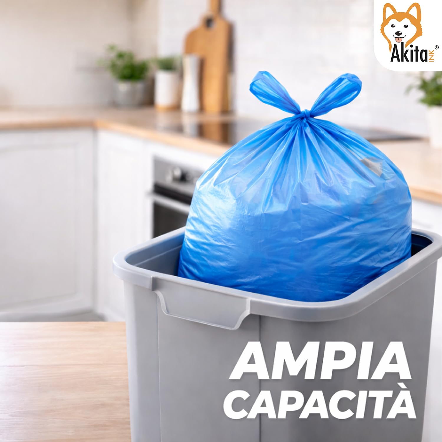 Akitaink sacchi spazzatura 40x55 cm blu 180 pezzi con manici