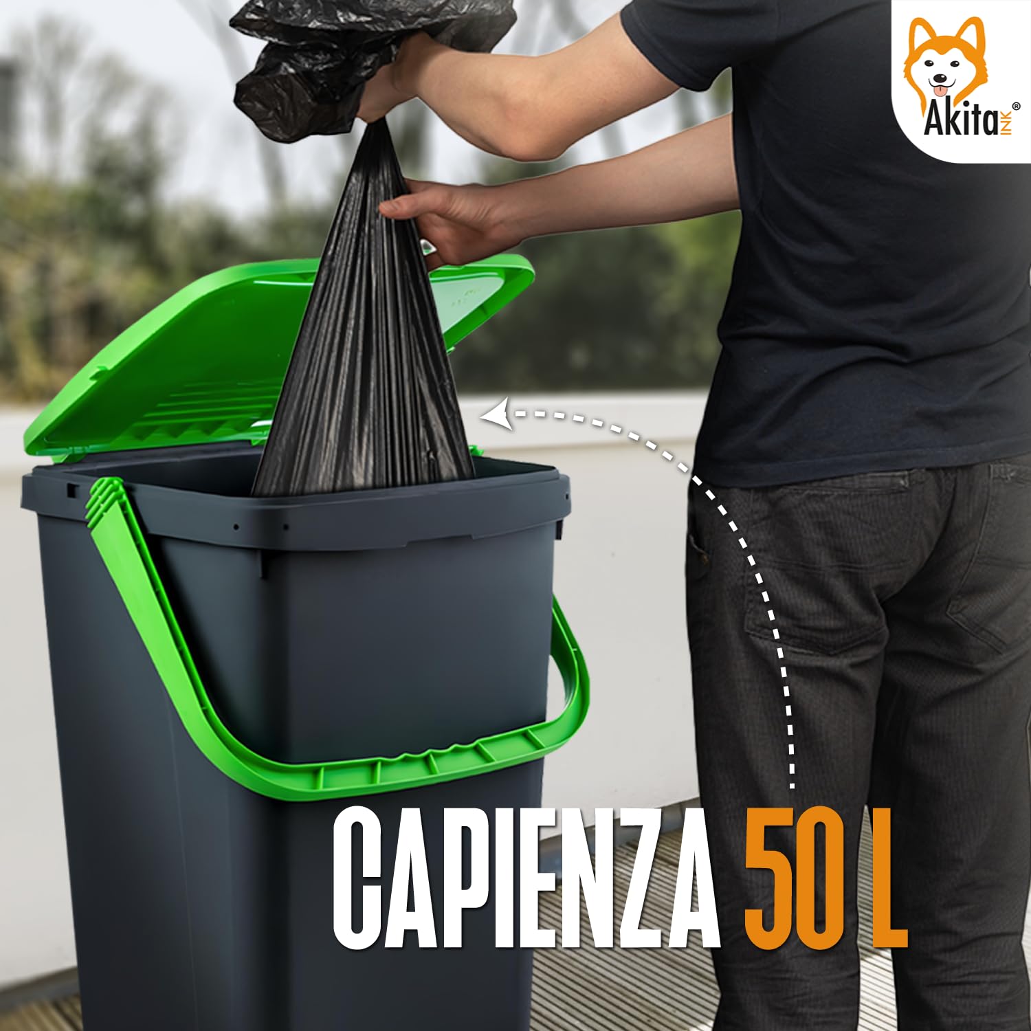 Akitaink Akipatfolk set 3 pattumiere 50 L plastica riciclata 150 L