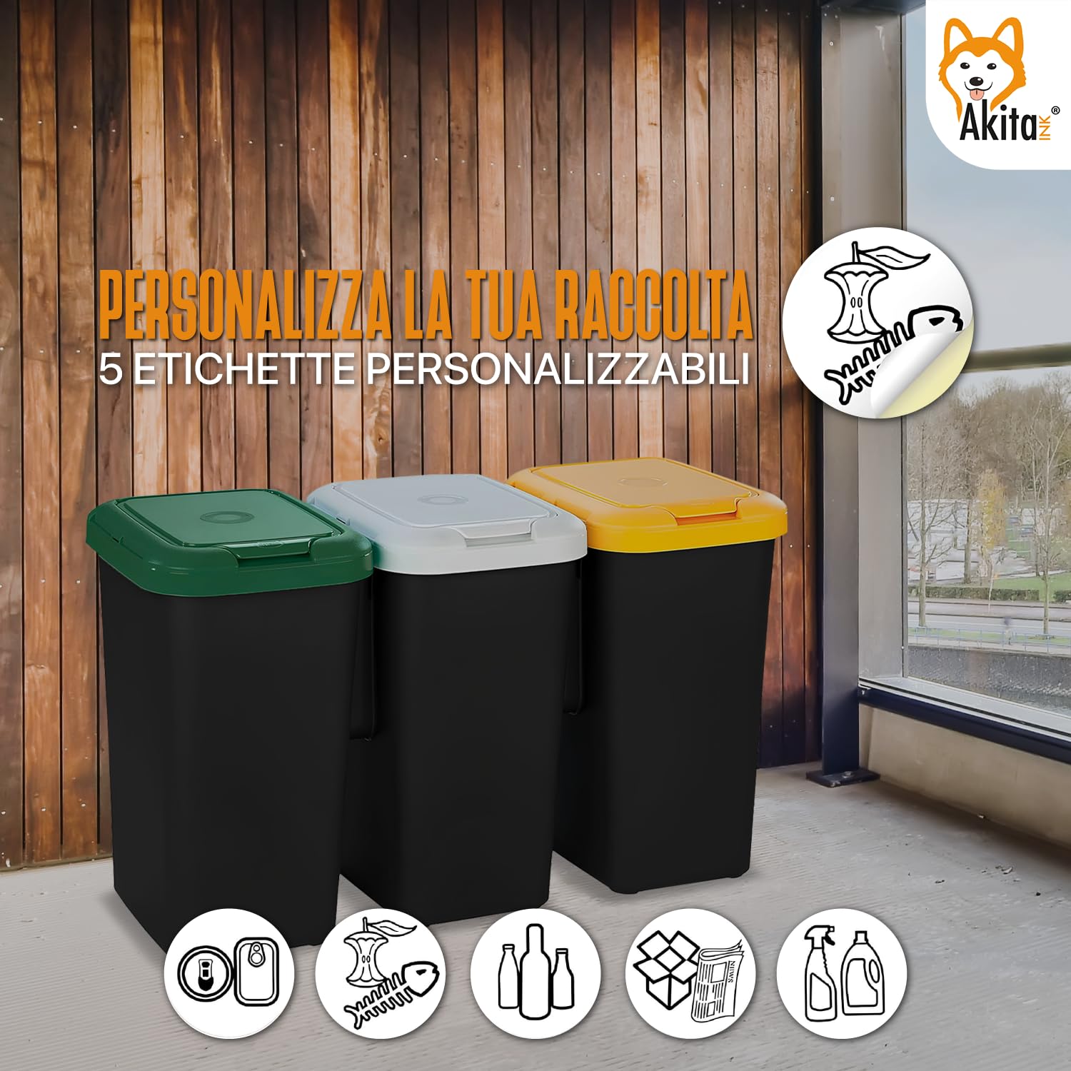 Akitaink AkiRock pattumiera 3 scomparti 75L set 3x25L