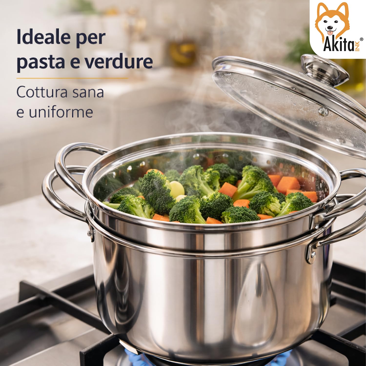 Akitaink Bollipasta Acciaio 22 cm con Cestello e Coperchio