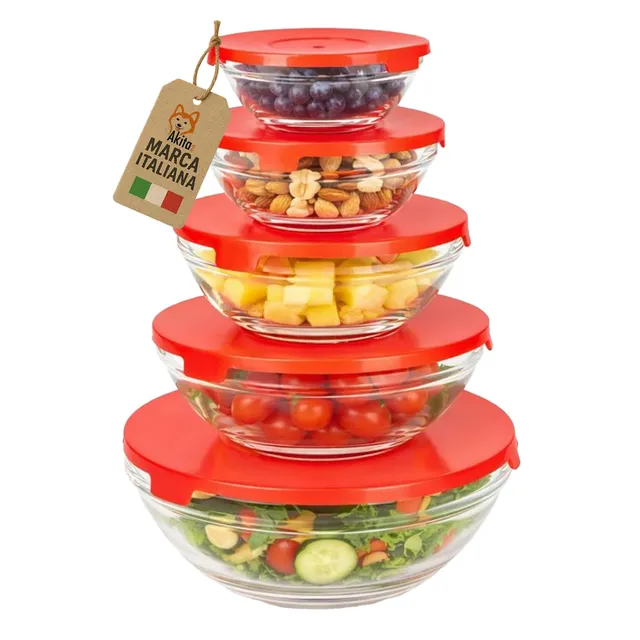 Akitaink set 5 ciotole vetro coperchio rosso impilabili