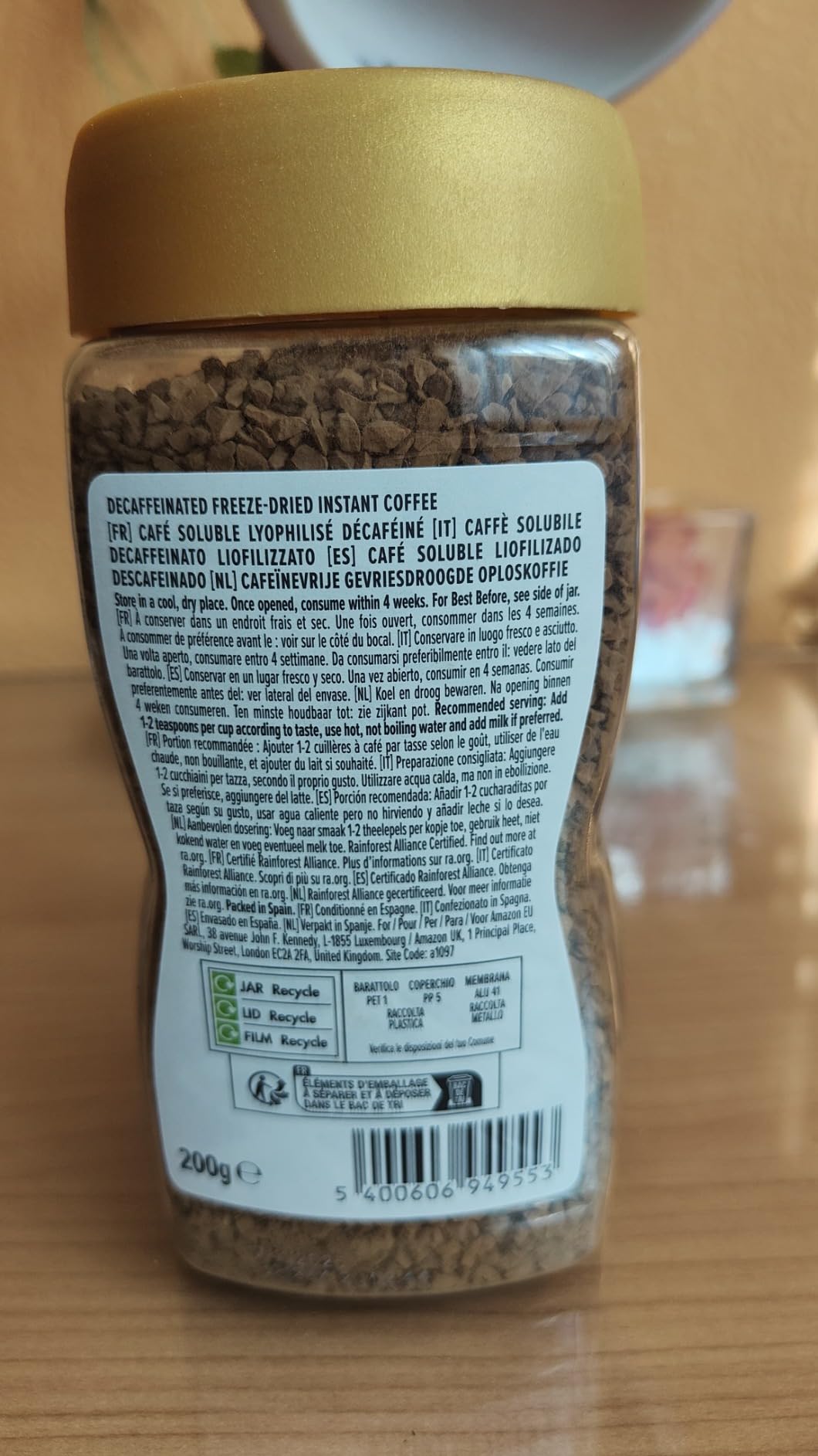 by Amazon Gold Caffè Solubile Decaffeinato 200 g Intensità 3