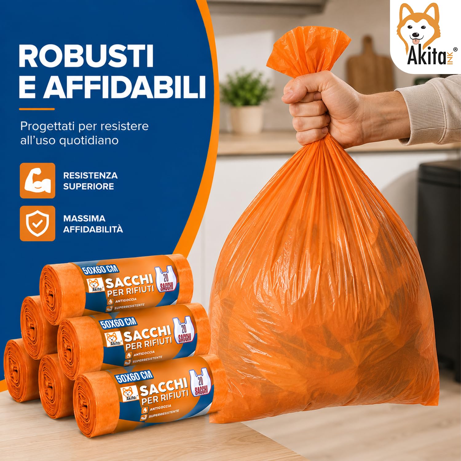 Akitaink sacchi spazzatura arancioni 50x60 cm 120 pezzi antiforo