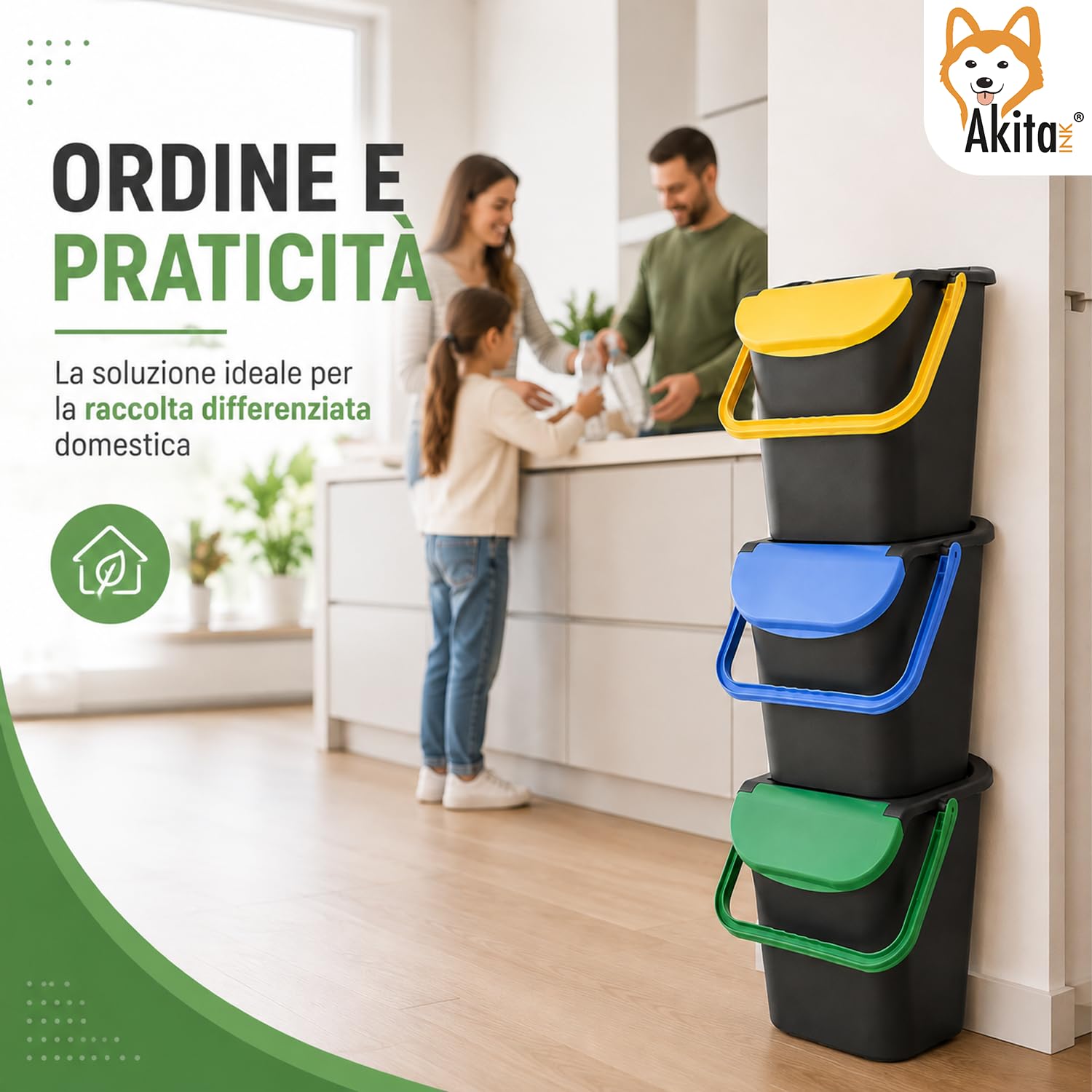 Akitaink Tower Bin pattumiere 30 litri set 3 pezzi impilabili