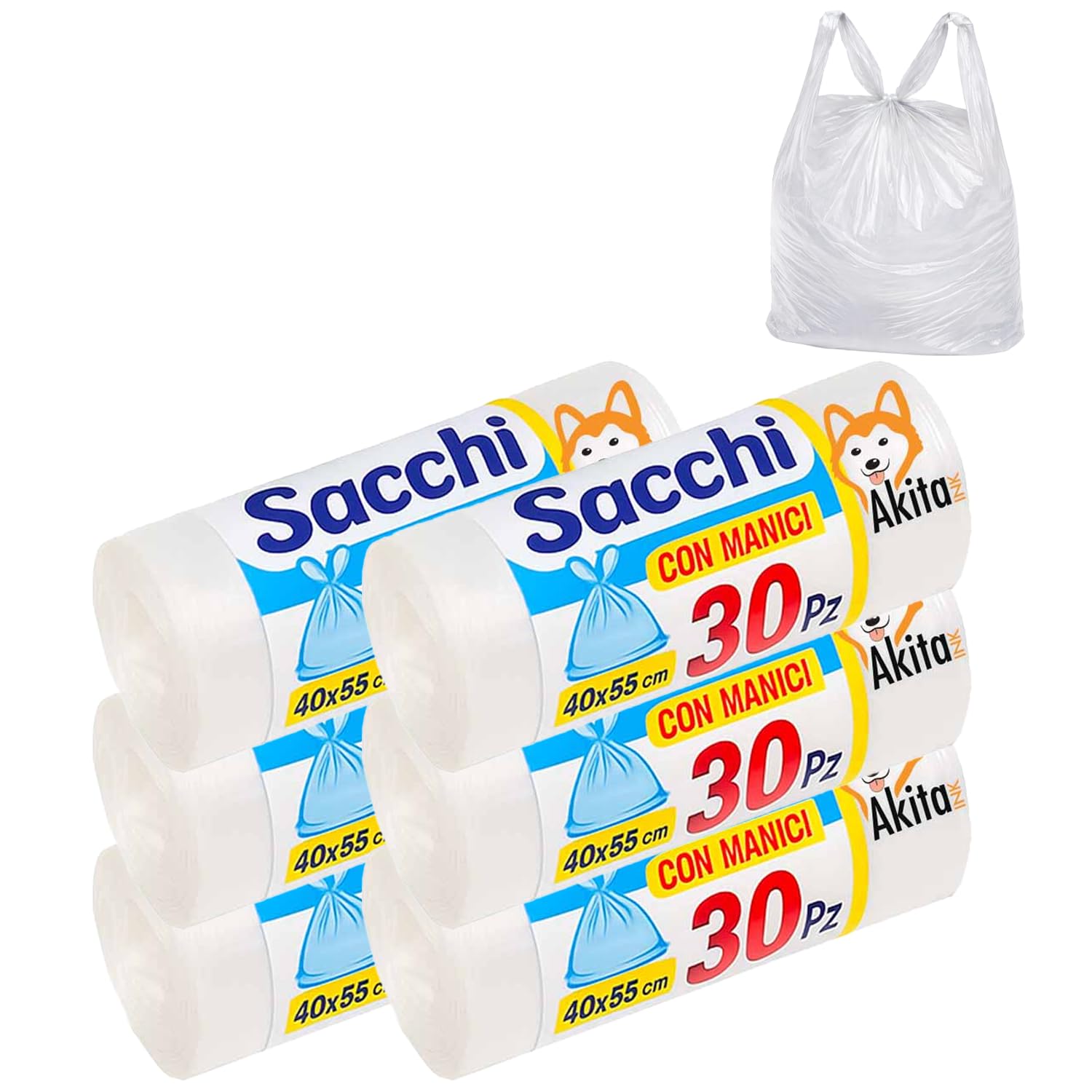 Akitaink sacchi spazzatura 40x55 cm blu 180 pezzi con manici