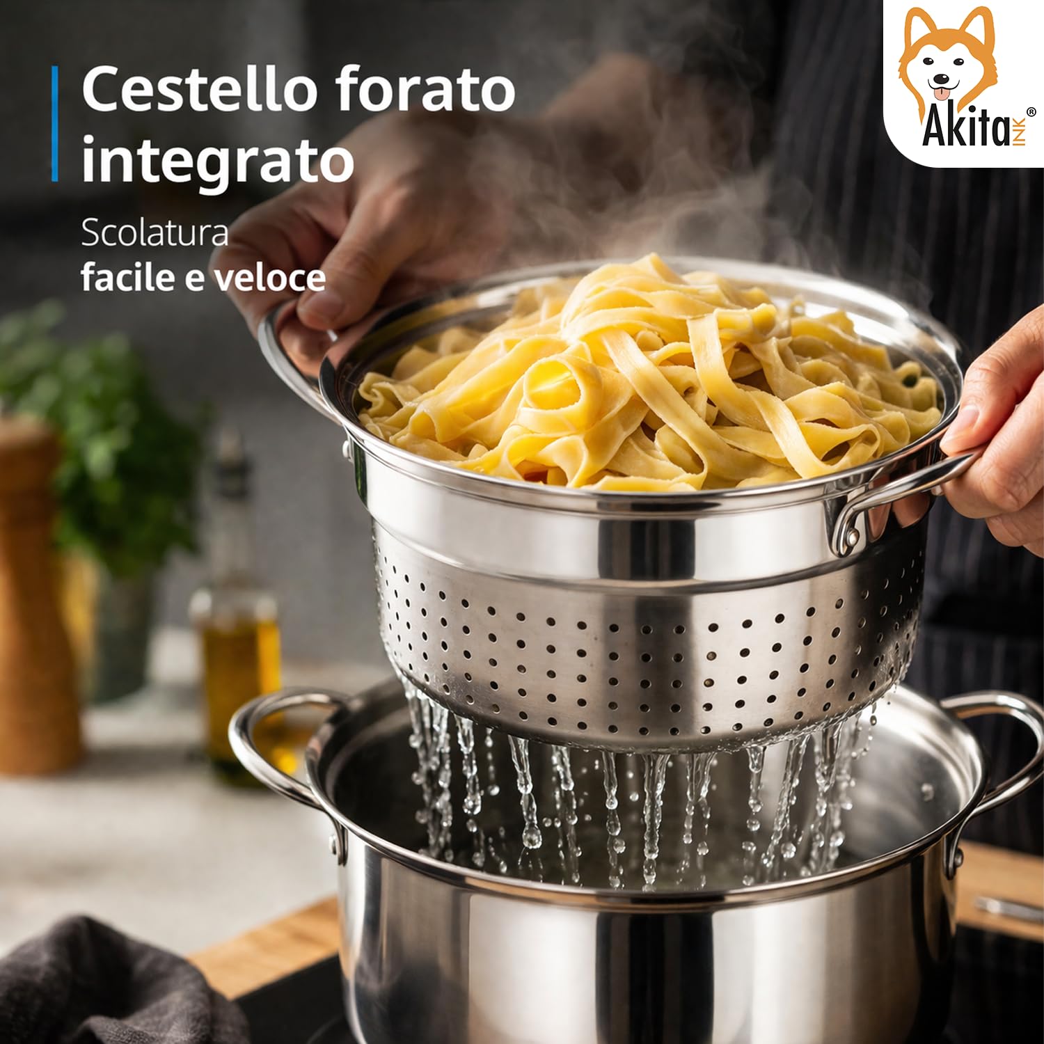 Akitaink Bollipasta Acciaio 22 cm con Cestello e Coperchio