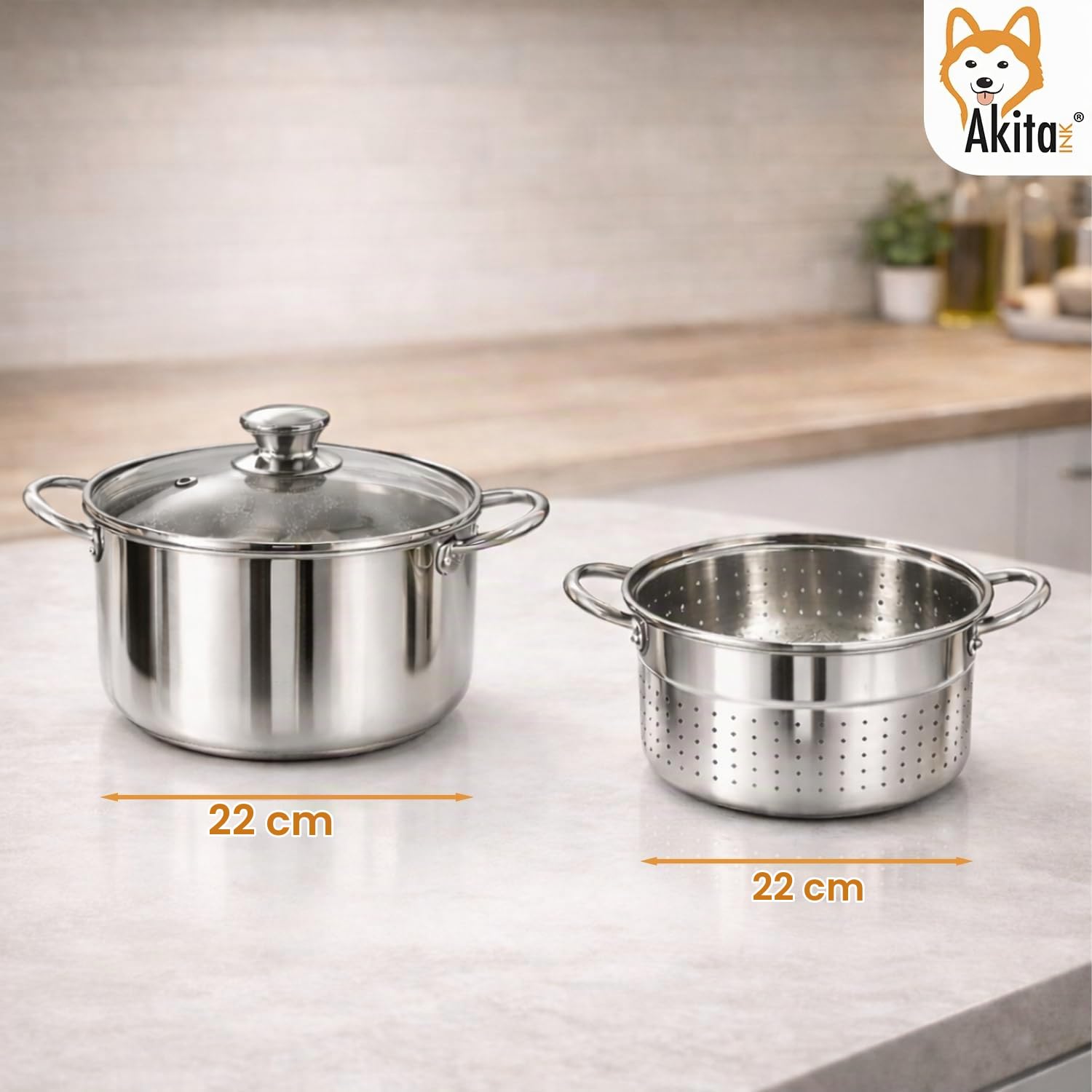 Akitaink Bollipasta Acciaio 22 cm con Cestello e Coperchio