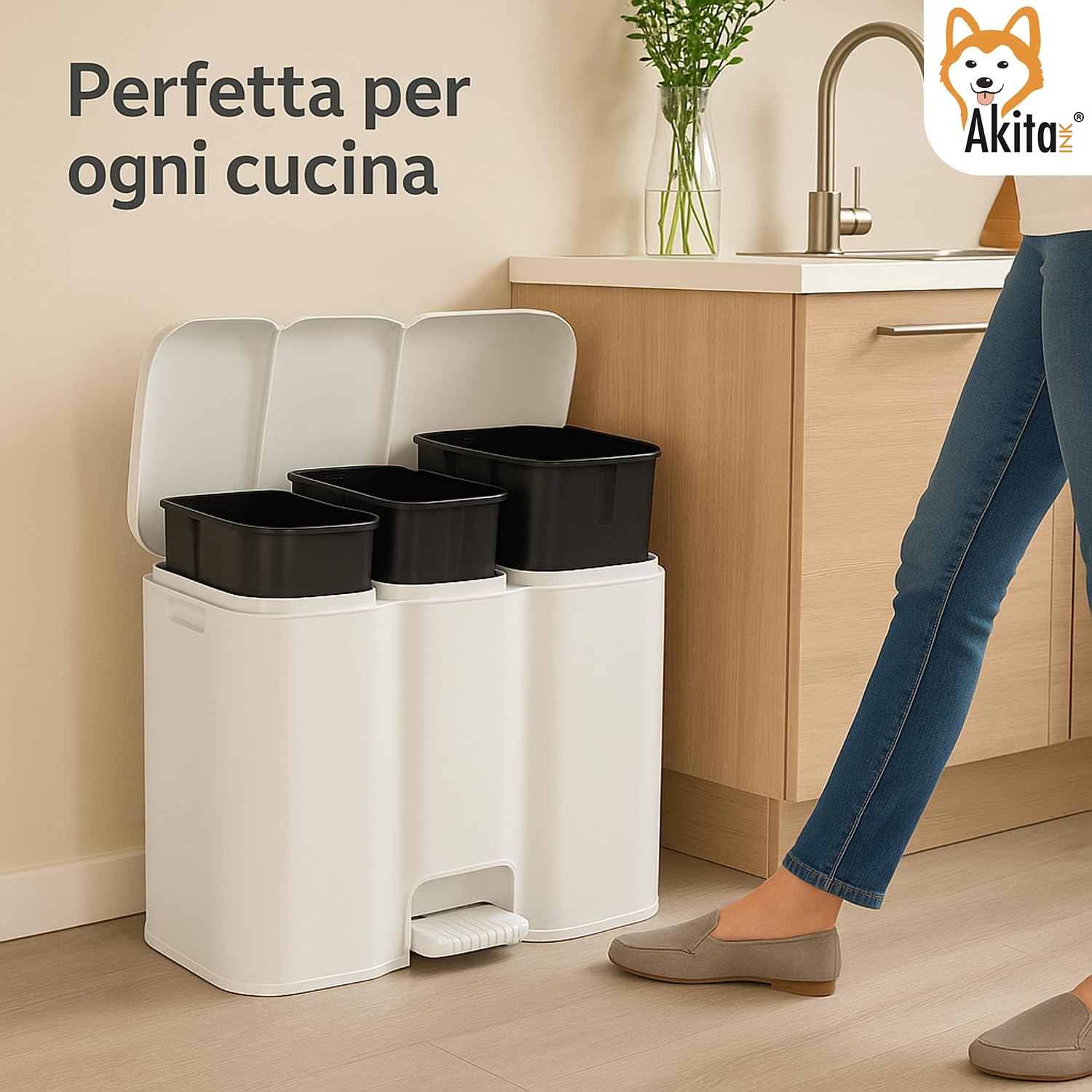 Akitaink Patty3 Pattumiera Differenziata Bianca 34 L