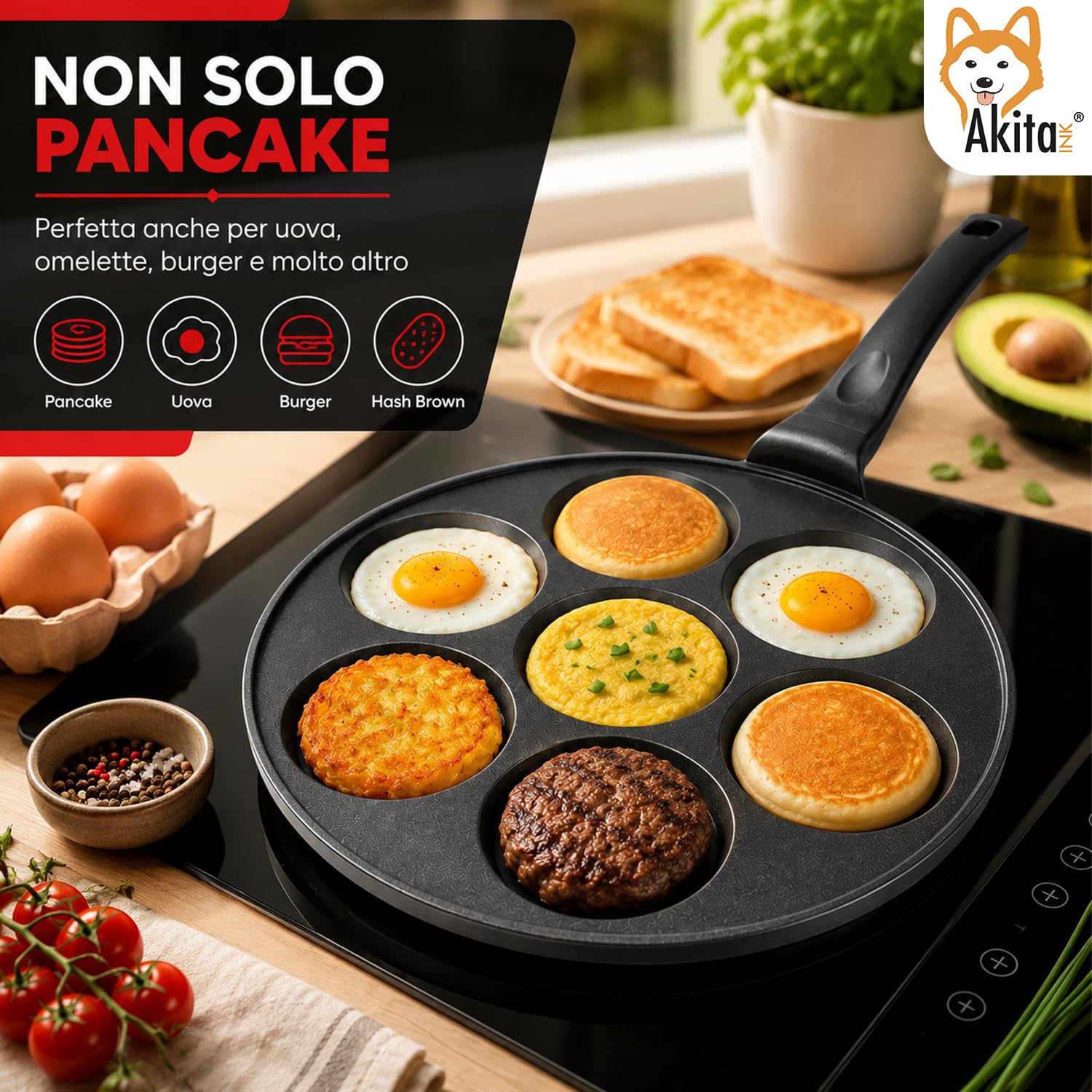 Akitaink Padella Mini Pancake 26 cm 7 Stampi Liscia