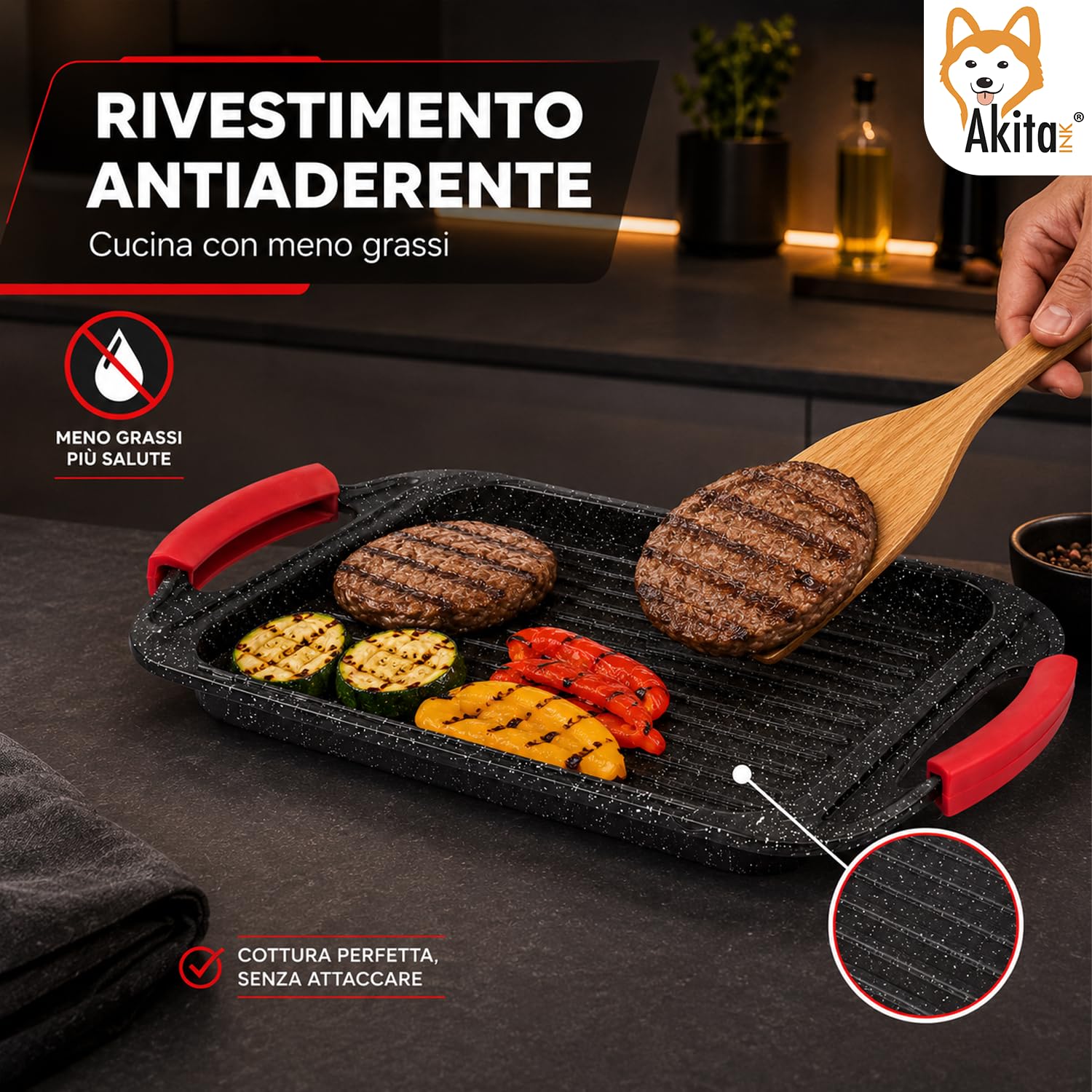 Akitaink Piastra Bistecchiera 34x26 cm Antiaderente Induzione