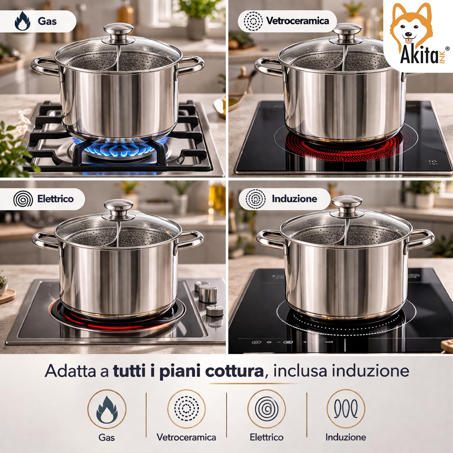Akitaink bollipasta 20 cm acciaio inox 2 cestelli induzione