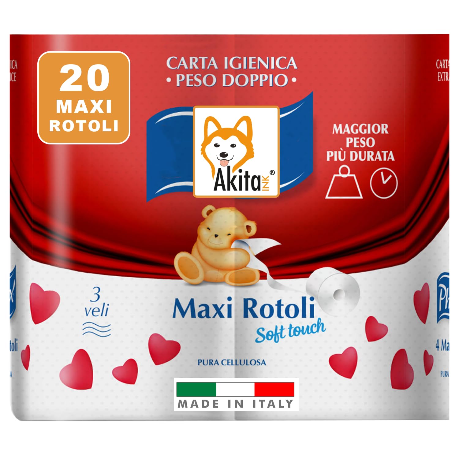 Akitaink Carta Igienica 2 Veli 20 Rotoli Pura Cellulosa
