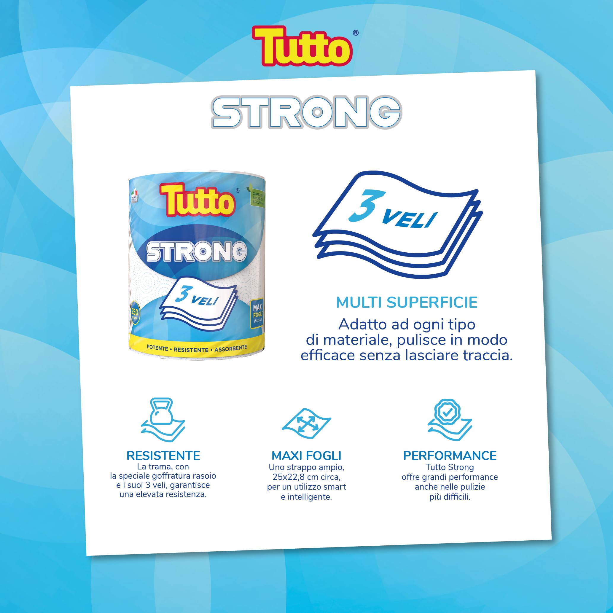 Tutto Strong Carta Multiuso 6 Rotoli 250 Strappi 3 Veli