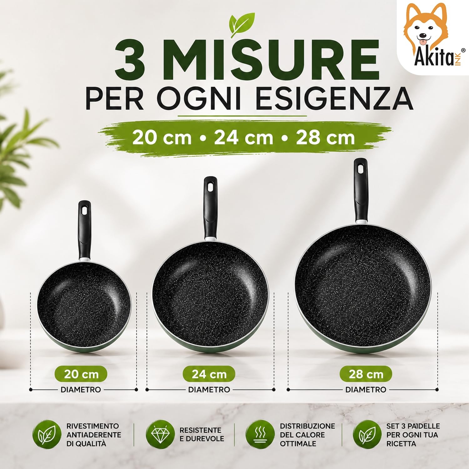 Akitaink Natura Set 3 Padelle Antiaderenti 20 24 28 cm Stone