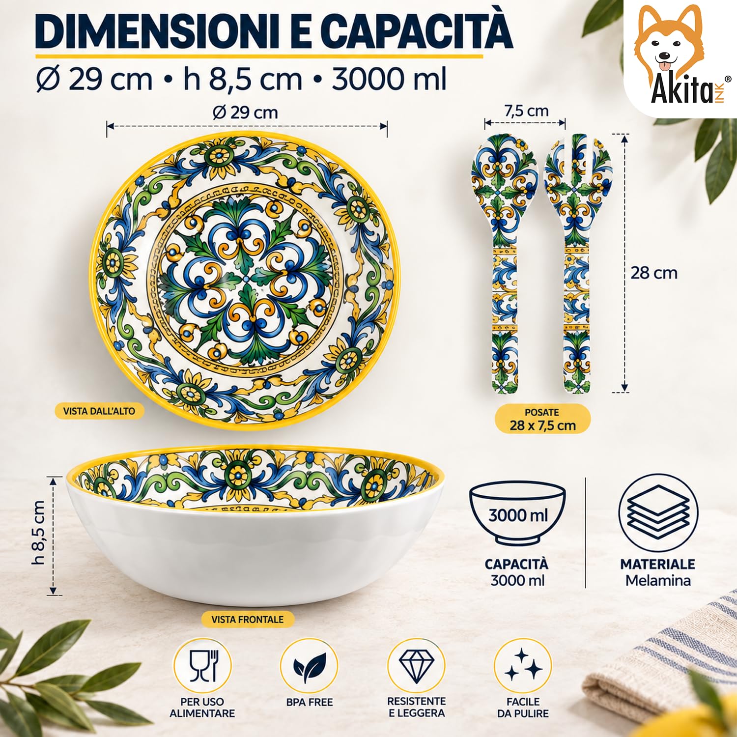 Akitaink Portofino set insalatiera 3 L con posate melamina